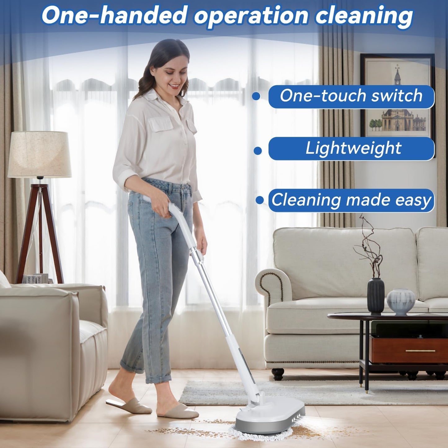 Cordless Electric Mop, Electric Spin Mop with LED Headlight and Water Spray,60 Mins Spin Power Scrubber Mops for Floor Cleaning,2000mAh Battery,350ml Water Tank,Standing Storage,Light Weight