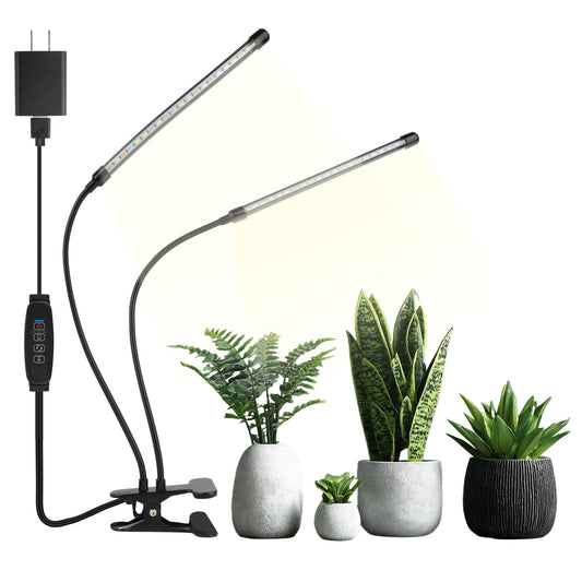 Dual Head Grow Lights for Indoor Plants, 40 LED Full Spectrum Plant Light with Clip & UL-Certified Adapter, 3 Light Modes & 5-Level Dimmable, 4/8/12H Auto Timer for Seedling, Succulents