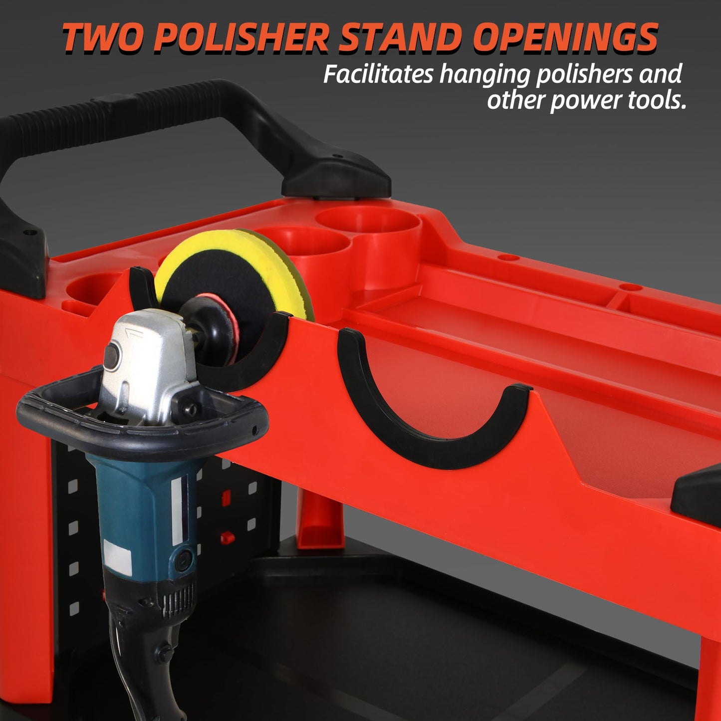 YITAHOME Auto Detailing Cart with Wheels, 3 Tier Rolling Detail Cart with 2 Polisher Brackets, Car Wash Organizer Cart with 2 Hanging Plate & Hooks & Hanging Bucket for Garage, Workshop, Repair Shop