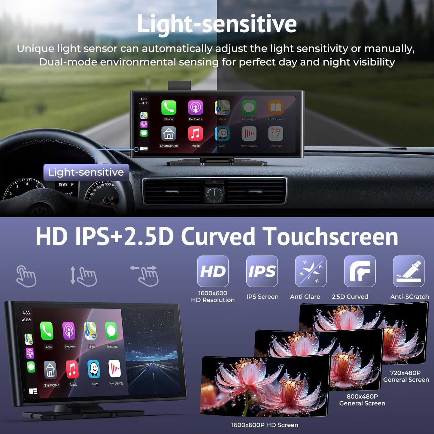 Carplay Screen for Car 10.26" HD IPS Wireless Compatible with Apple Carplay & Android Auto,Touch Car Play Screen with SuperLink,4K Dash Cam,1080p Backup Camera,Loop Recording,Bluetooth Audio,GPS,Siri
