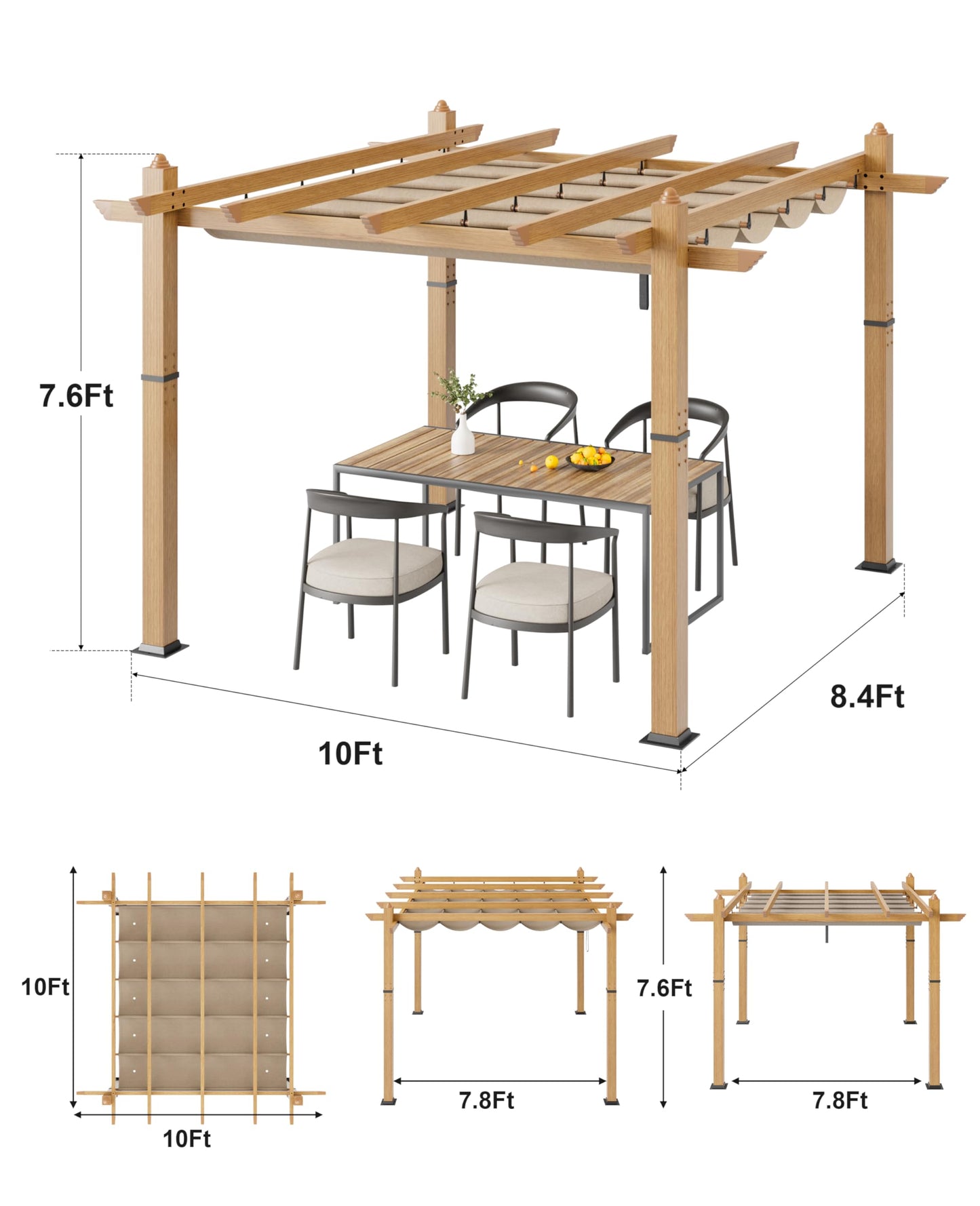Garvee 10x10 ft Outdoor Pergola with Retractable Canopy – Upgraded Aluminum Faux Wood Grain Metal Patio Pergola for Modern Backyard Deck, Porch, Grape Trellis in Khaki