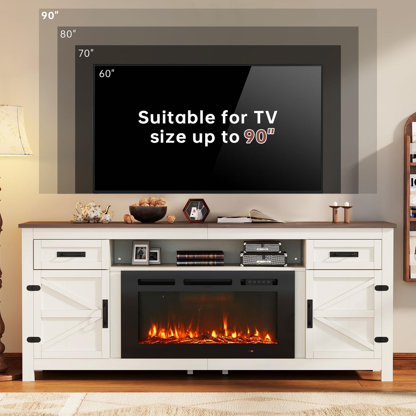 Nordivale Fireplace TV Stand with Barn Door for TVs up to 90", Farmhouse 80" Fireplace Entertainment Center with Storage Cabinets, White TV Stand and Black Fireplace