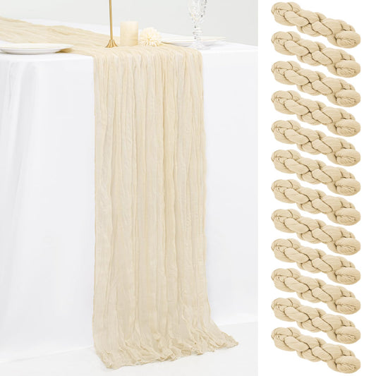 12 Pack 10Ft Ivory Cheesecloth Table Runner 35 x 120 inch Boho Gauze Cheese Cloth Table Runner Vintage Rustic Sheer Runners for Wedding Bridal Shower Birthday Party Cake Table Decorations