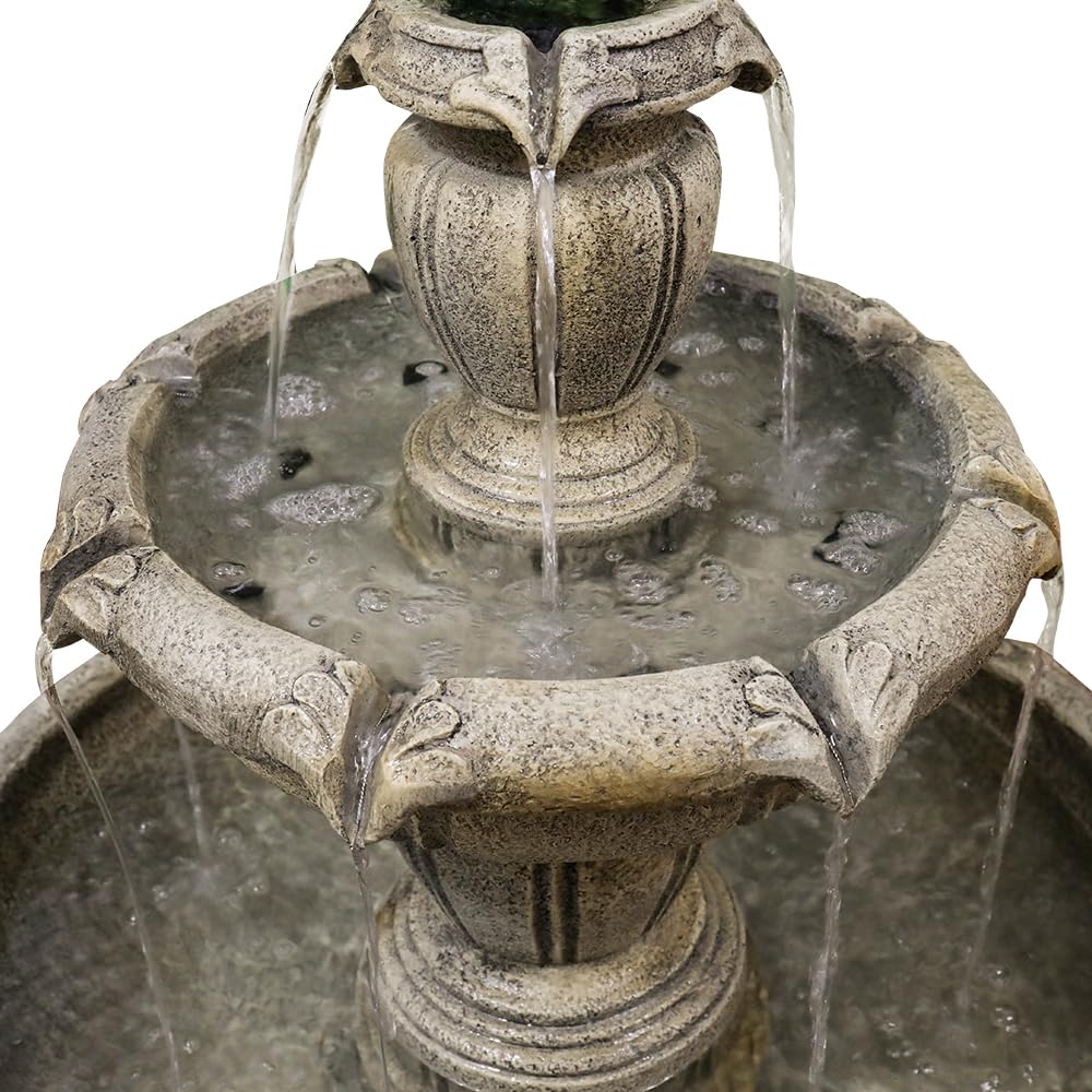 SunJet 48” High Modern Concrete Outdoor Water Fountain - 3 Tiered Large Floor Water Fountain and Waterfalls with Electric Pump for Garden, Patio, Yard, and Deck Decor, Featuring Natural Stone Look