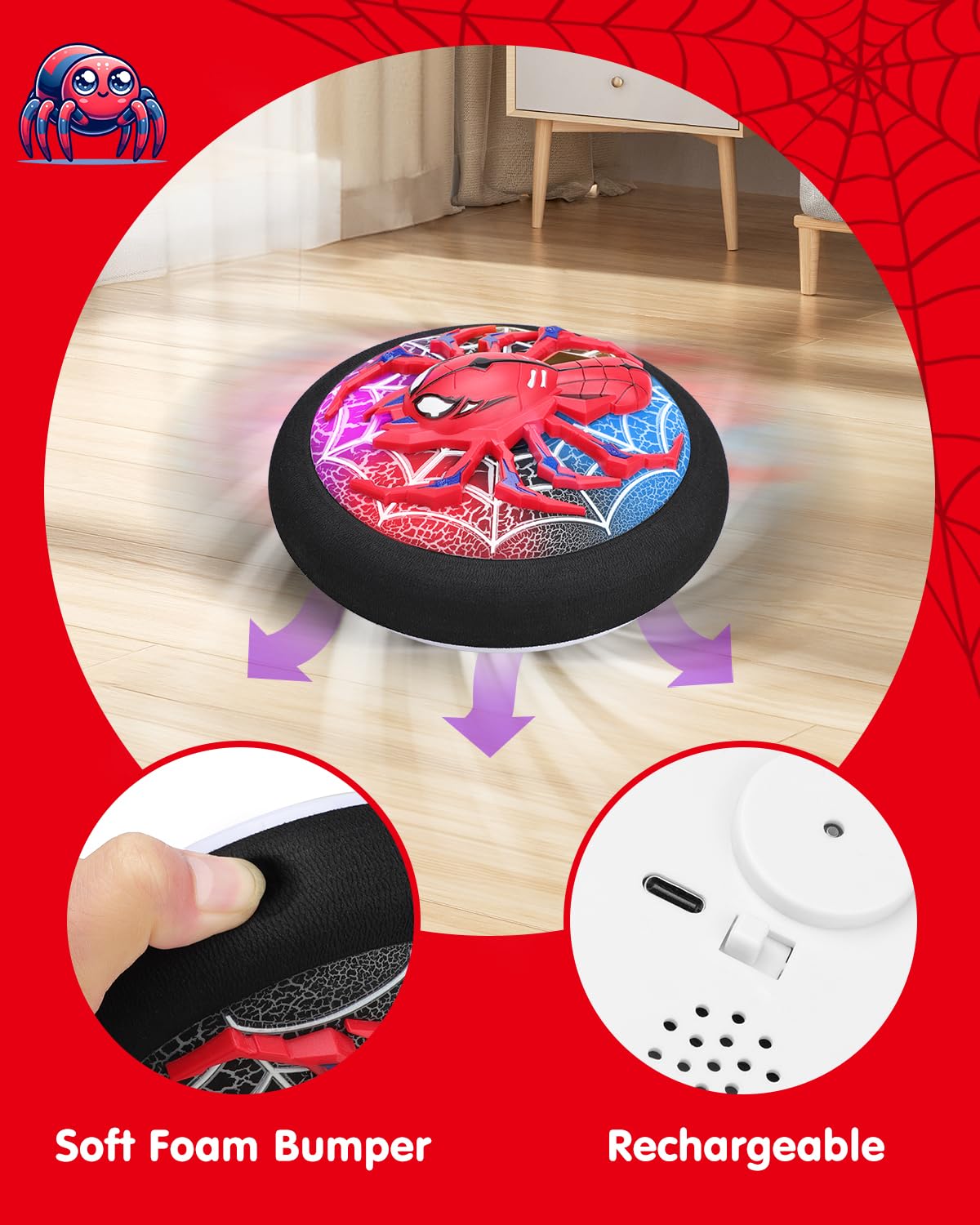 Sipder Hero Hover Soccer Ball for Kids Indoor Toys for Boys Age 6, 7, 8, 9, 10, 11, 12 Year Old, Boy Birthday Gifts Spider toys, Rechargeable Air Floating Soccer Toy with LED Lights Foam Bumper
