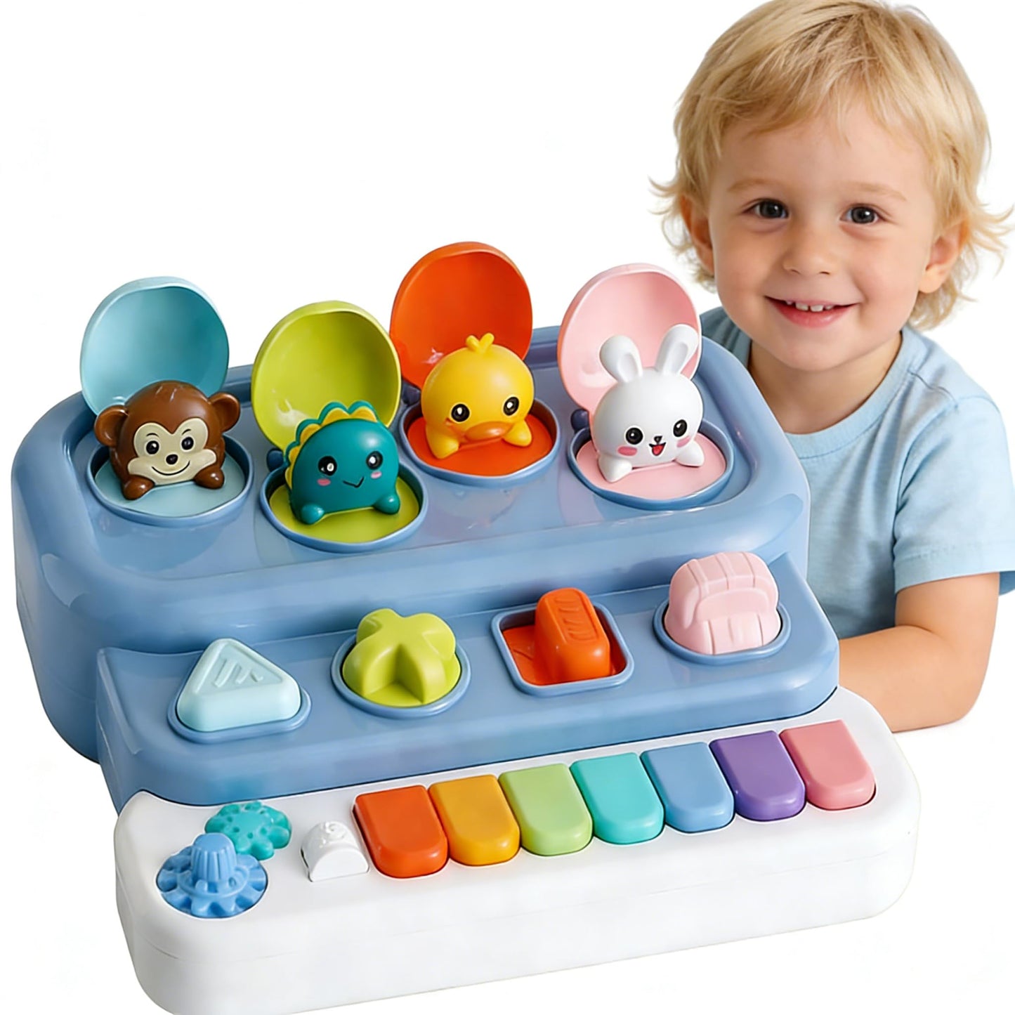 LESSETI Interactive Pop Up Music Piano Toy with Music & Lights, Montessori Animal Cause and Effect Toys, STEM Learning Educational Baby Toy for Toddlers 1-3 Years Old, Gift for Infants 6-12 Months