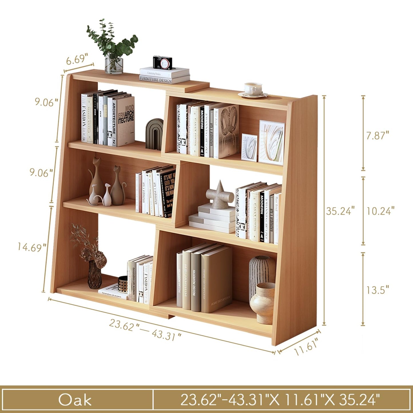 IOTXY Wooden Extendable Shelf Bookcase - 3-Tier Ladder Low Short Bookshelf for Small Space or Corner, Oak, S