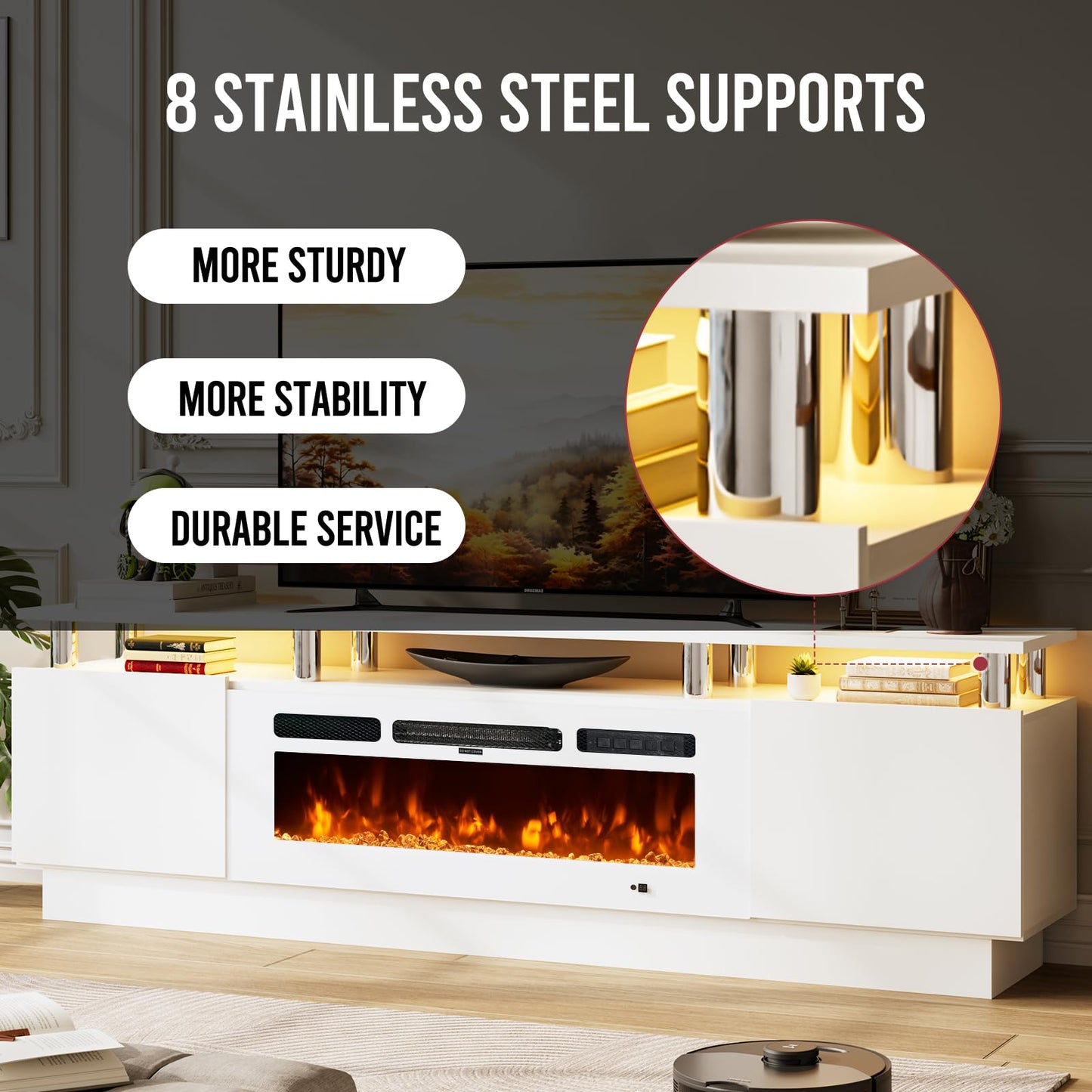 OneBlis 70" TV Stand for Living Room, Entertainment Center & Media Console with Storage, Fits TVs up to 80", Modern TV Cabinet with Shelves, 36" Electric Fireplace (All White)