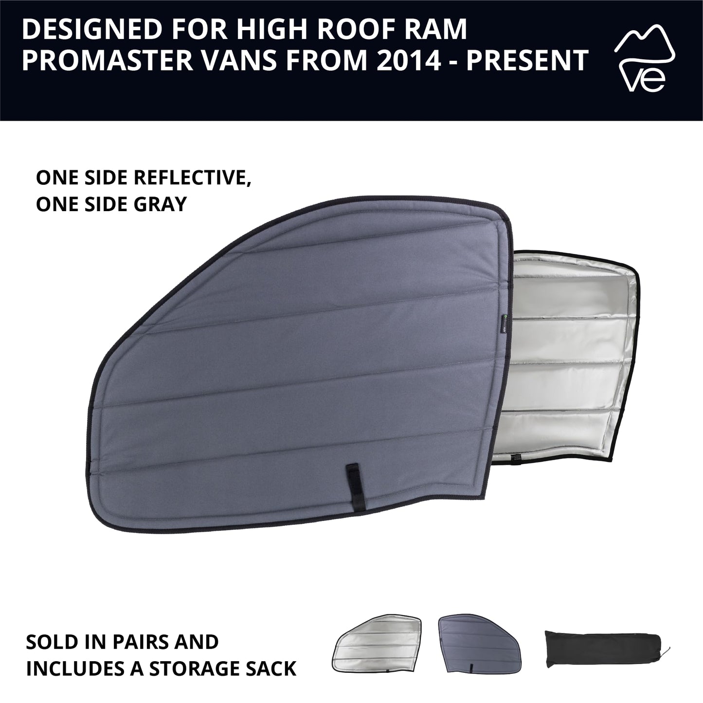 VanEssential Insulated Reflective Blackout Front Door Window Covers Designed for RAM Promaster Van Years 2014 to Current Model (Pair) - Charcoal Gray Reflective
