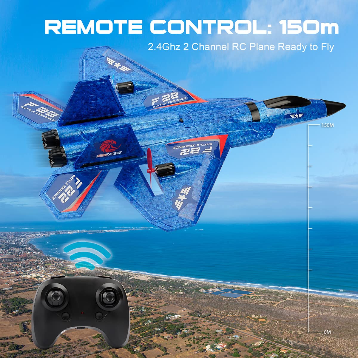 RoofWorld RC Plane, F22 RC Airplane Fighter Ready to Fly, 2.4Ghz 2 Channel Remote Control Plane, RC Airplanes Toy for Boys Girls Kids Beginners