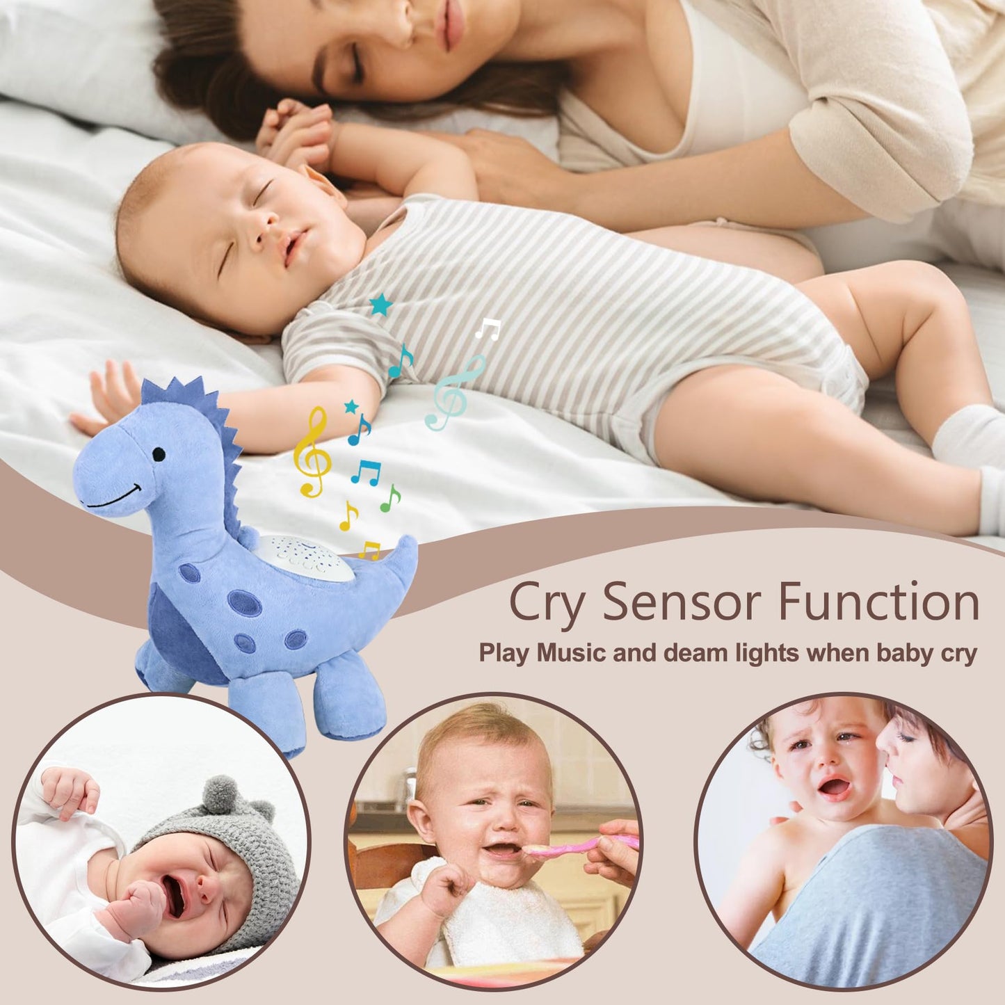 wiqins Baby Sleep Soother Cry Sensor Dinosaur Night Light Projector Baby Sound Machine Plush Stuffed Animal Toys for Boys Girls Pillow Ceiling for Toddler Lullabies & White Noise Sound