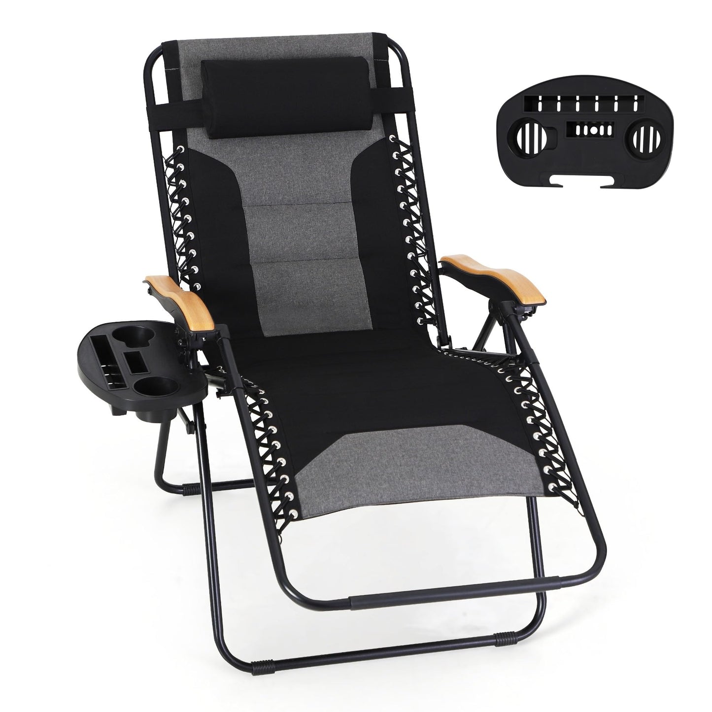 MFSTUDIO Zero Gravity Chairs, Oversized Patio Recliner Chair, Padded Folding Lawn Chair with Cup Holder Tray, Support 400lbs, Black