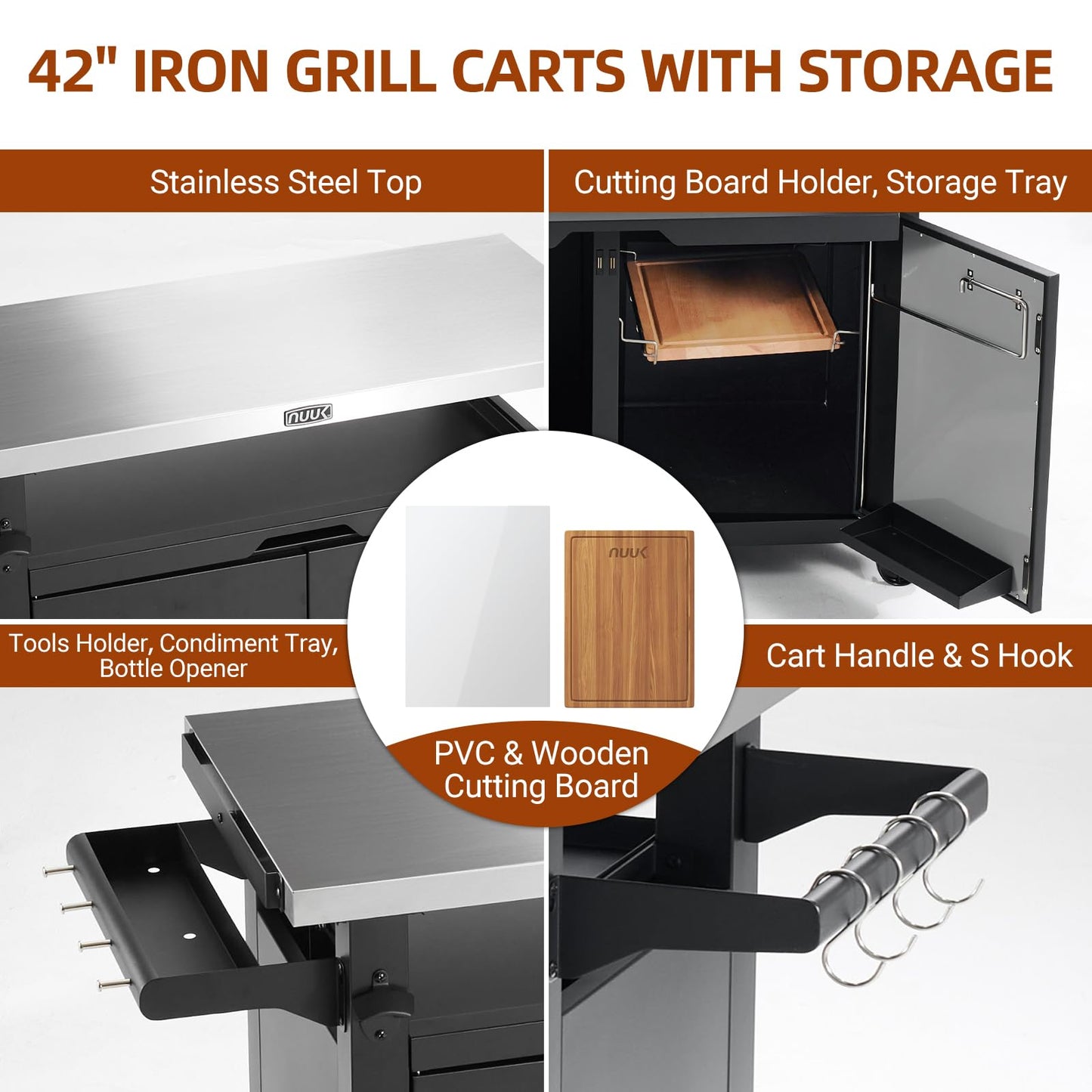 NUUK Outdoor Grill Cart with Storage Cabinet Metal Kitchen Island Prep Table with Movable Universal Wheels and Stainless Steel Top