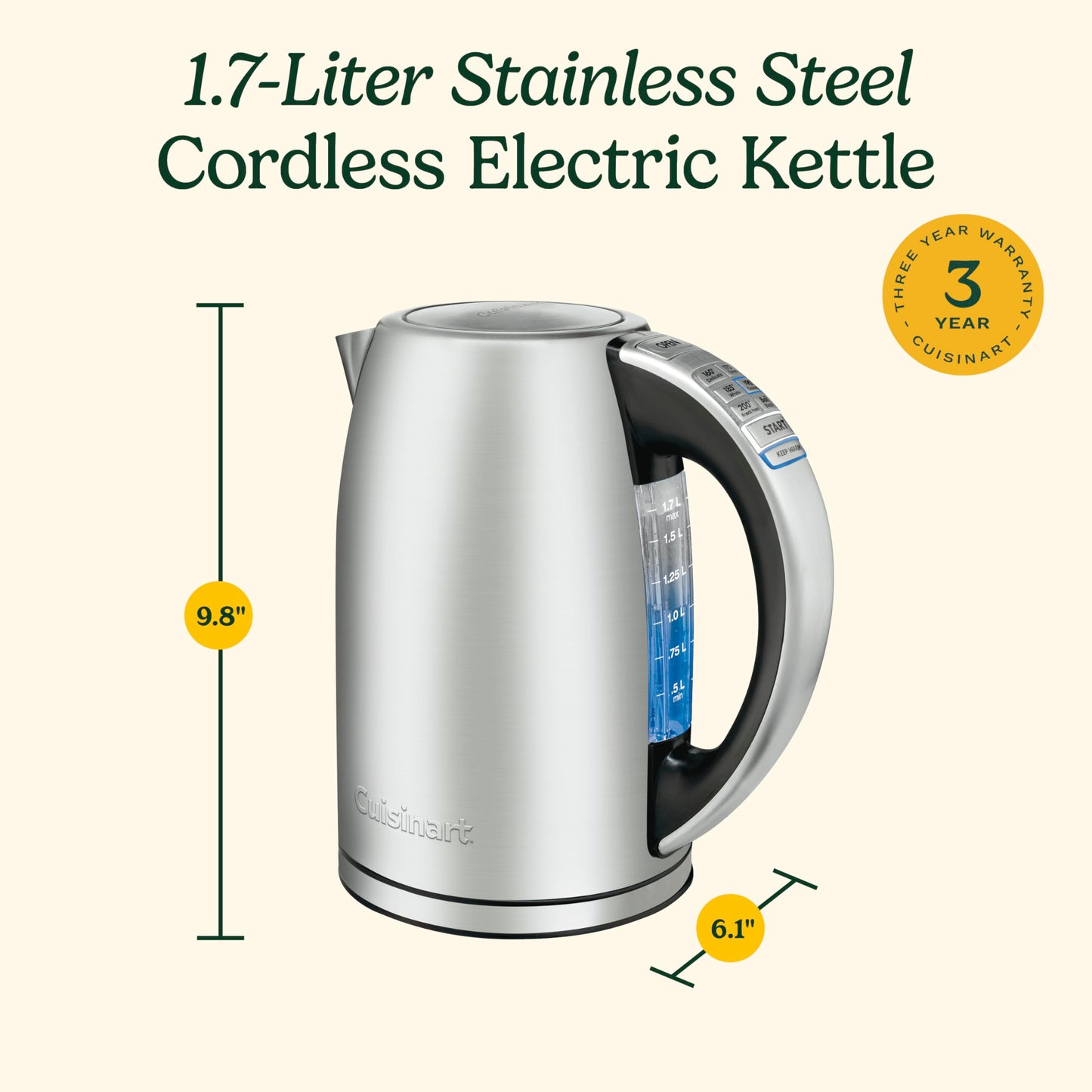 Cuisinart PerfecTemp 1.7-Liter Electric Kettle, Cordless Electric Tea Kettle, 1500W for Fast Heat-Up, 6 Preset Temperatures, 30-Minute Keep Warm, Stay Cool Nonslip Handle, CPK-17P1