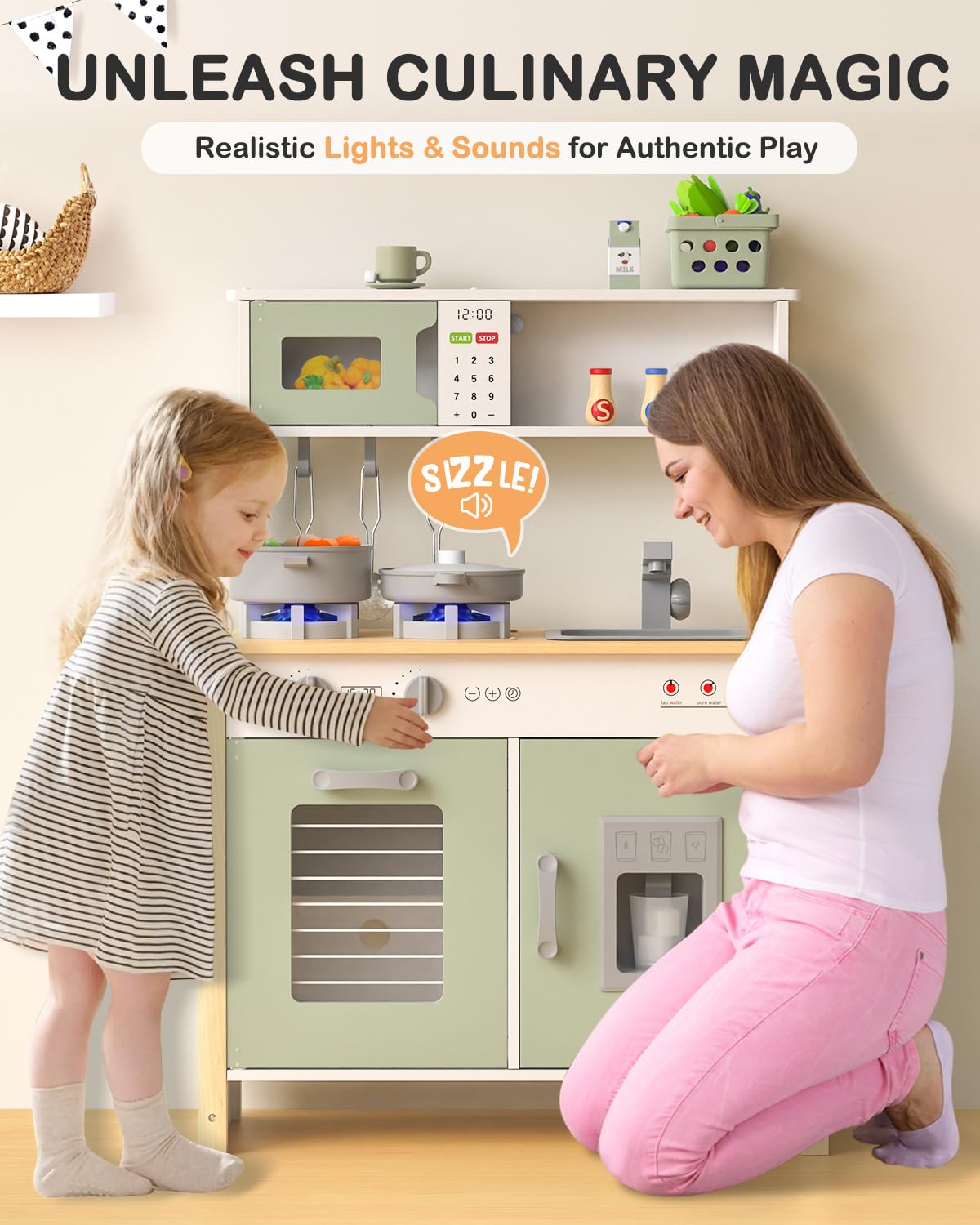 Babytronic Kids Play Kitchen, Wooden Kitchen Playset for Kids Ages 3+ with Real Lights, Sounds, Stove, Sink, Oven, and 30 Pcs Accessories, Toys Kitchen Small Pretend Play Kitchen for Toddlers (Green)