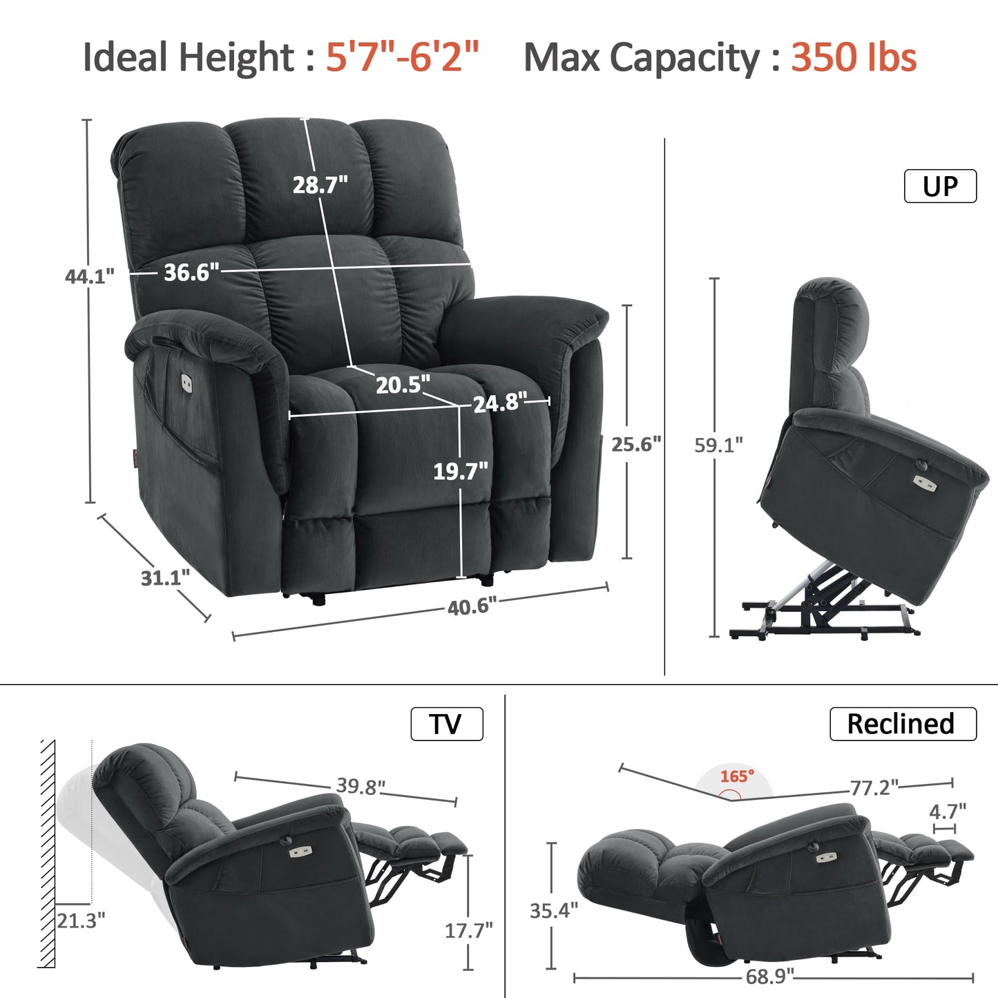 MCombo Large-Wide Dual Motor Power Lift Recliner Chair, Massage and Dual Heating for Elderly People, Infinite Position, Fabric R7166 (Dark Grey)
