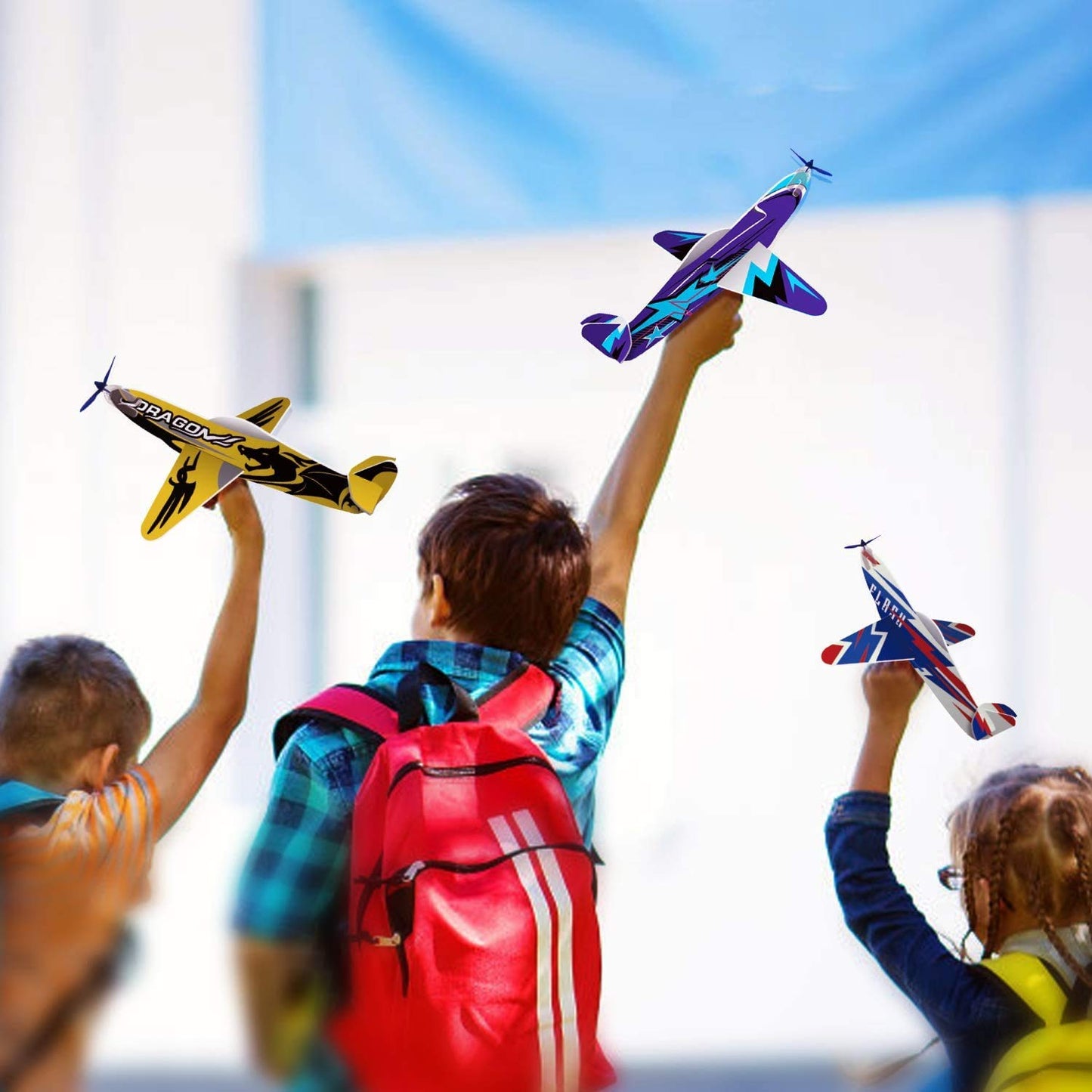 JOYGOGO 32 Pack Glider Planes,8" Long Flying Glider Plane,8 Different Designs,Easy Assembly,Durable Quality-Kids Party Favors for Valentines Airplanes,Birthday Party, Carnival Prizes