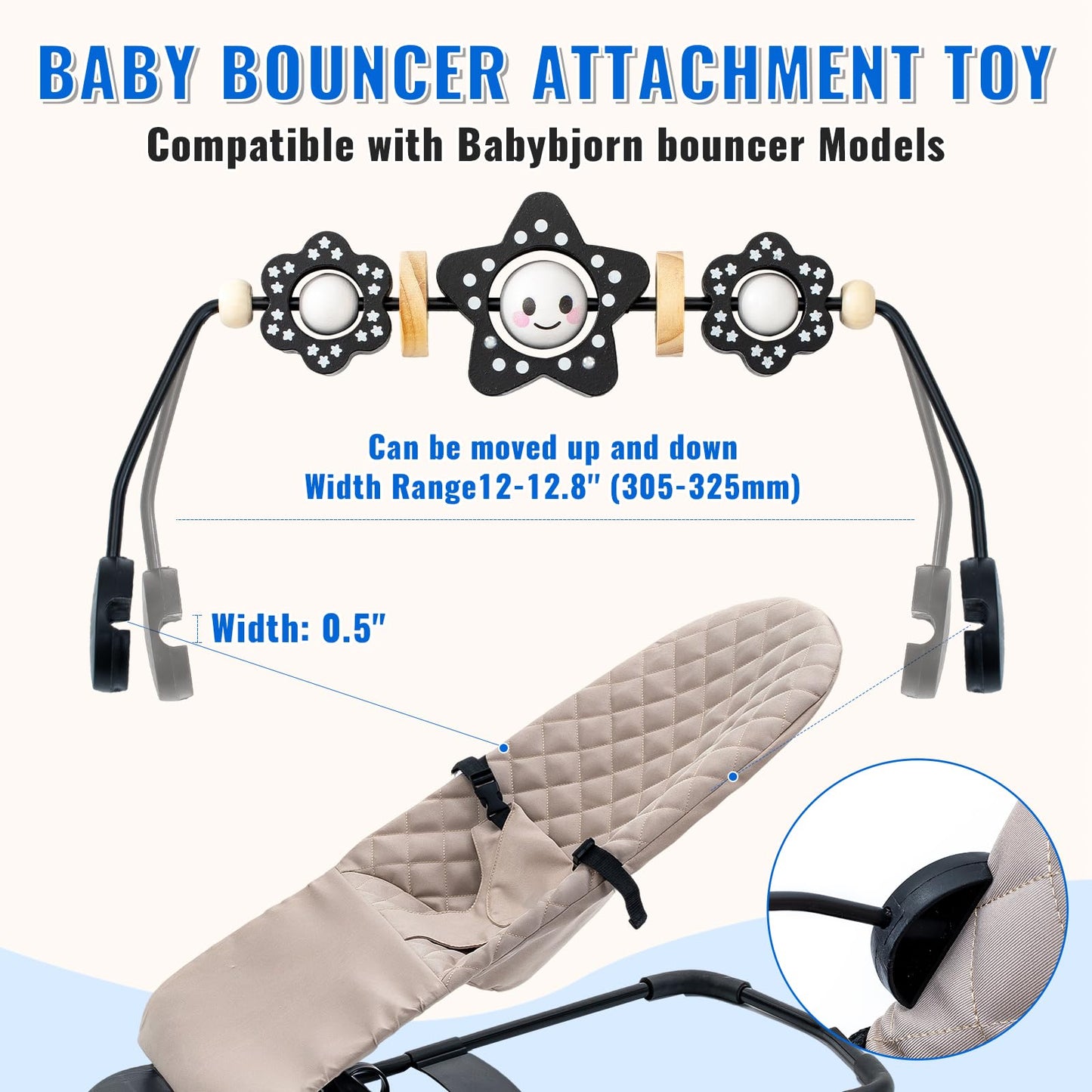 THE KENKYO Baby Bouncer Toy Bar Compatible with Baby Bjorn, Wooden Bouncer Toy Bar Attachment for Girls Boys, Funny Sensory Toy for Newborn to Toddler, Easy to Attach and Remove (Black)
