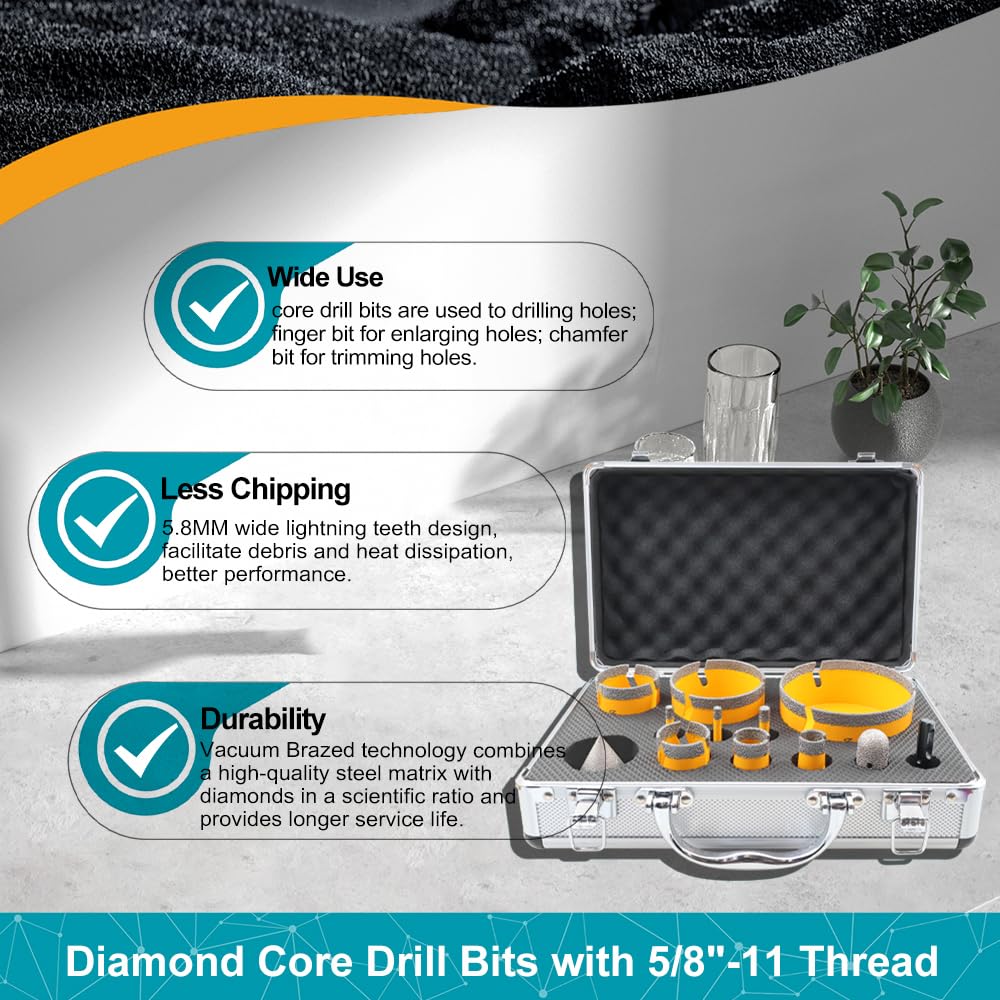 EXFEIN Diamond Tile Hole Saw Kit 14pcs 6/6/8/19/25/35/50/75/102mm Drill Bits & Adapter with 4/5" Finger Bit and 2" Chamfer Bit and 2pcs 4.5 Inch Diamond Blade for Tile Porcelain Ceramic Marble Granite