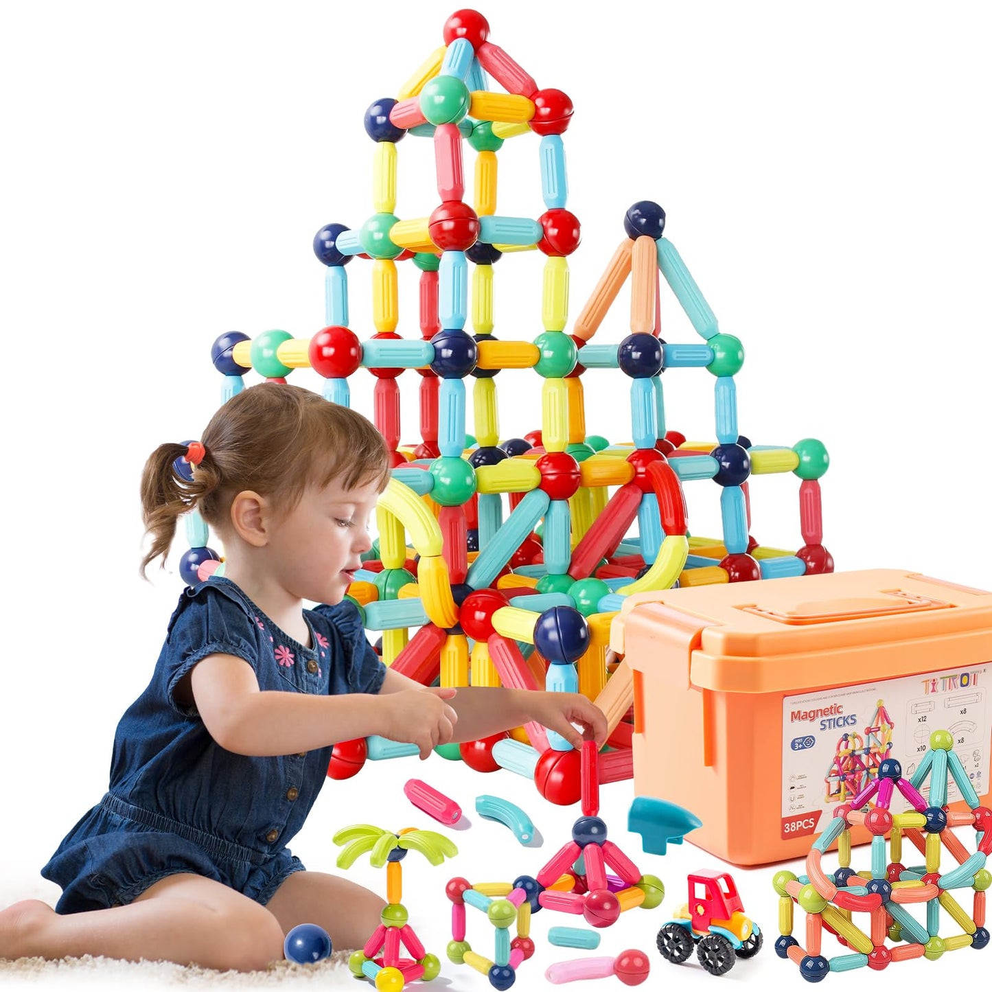 Titrot Magnetic Blocks Kids Toys, Magnetic Building Sticks STEM Educational Sensory Toy Preschool Learning Montessori Toys for Toddlers Boys Girls Ages 3-8 with 1 Car
