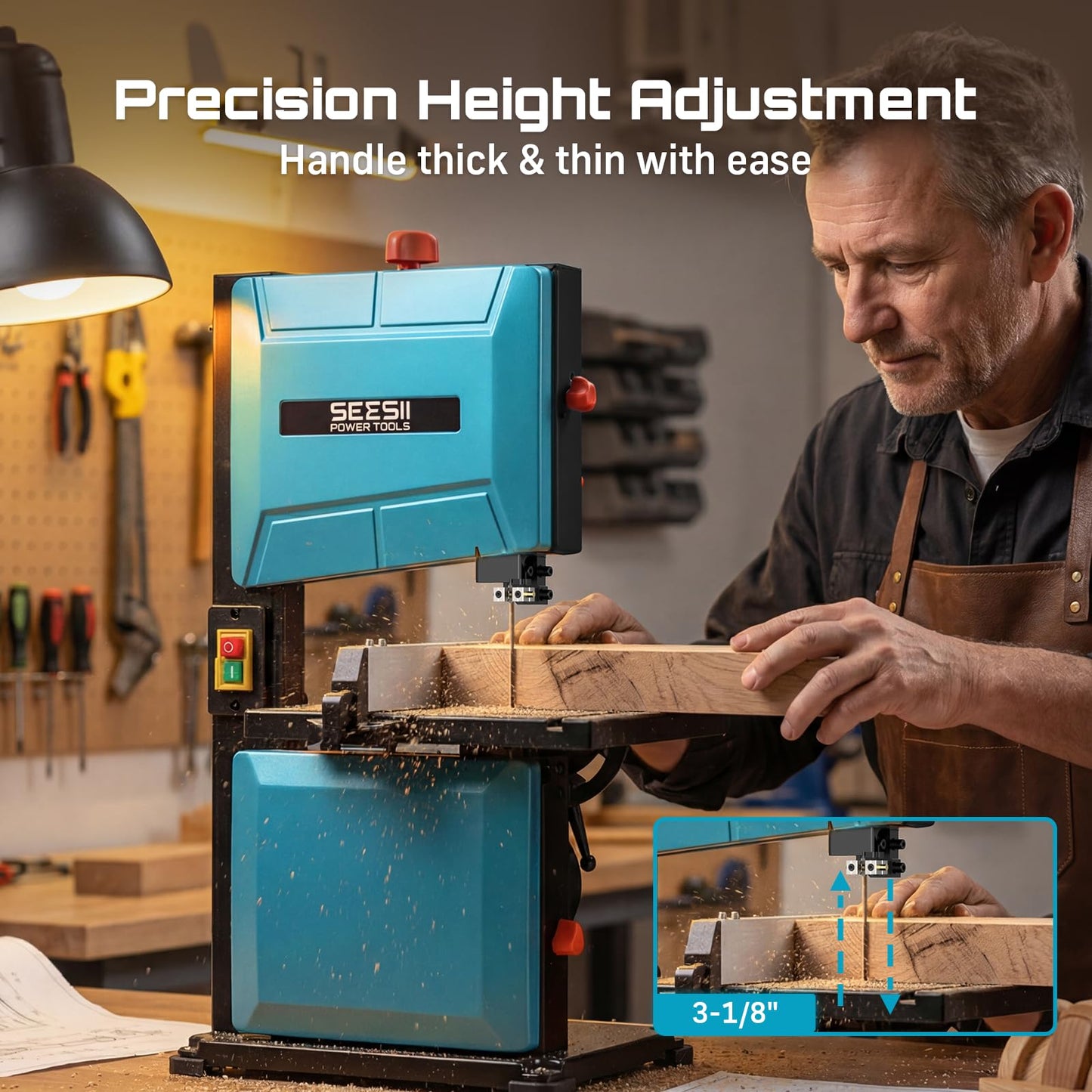 SEESII Benchtop Band Saw for Woodworking: 3A-120V Bandsaw with 8" Cutting Width, Max 3-1/8" Cutting Height, Band Saws with 0-45° Tilting Worktable&Miter Gauge&Double-Sided Fence for Detailed Woodwork