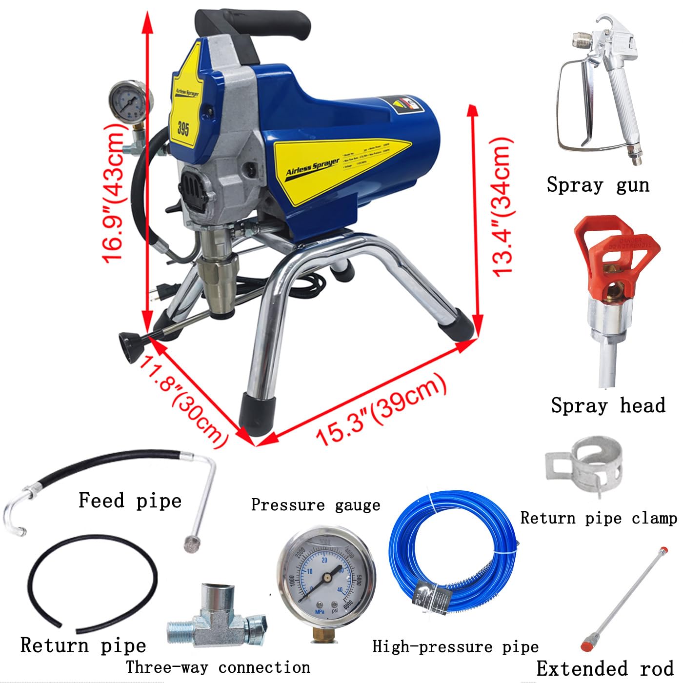 INTBUYING 395 Airless Paint Sprayer, 2200W High Efficiency Electric Airless Paint Sprayer, 3300PSI Cart Thinning-Free Airless Sprayer with Spray Gun 110V for Home, Commercial Use