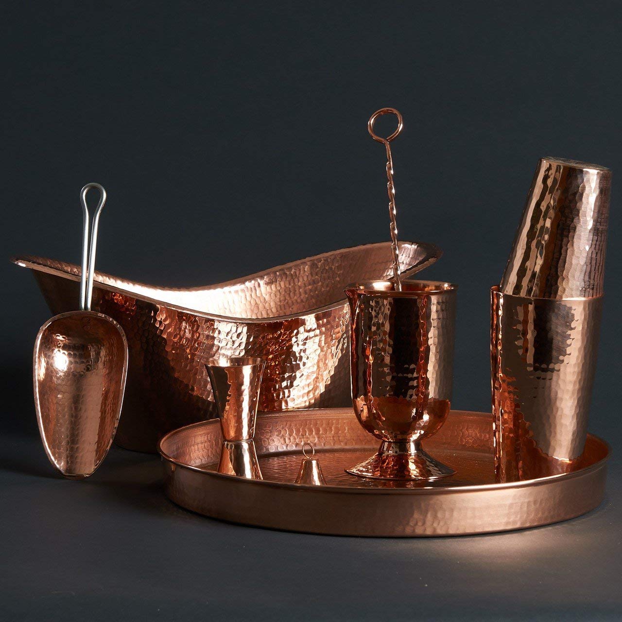 Sertodo Copper Oyster Bar Cart Tray | 14 in Diameter x 1.5 in deep | 100% Pure Copper, Hand Hammered, Heavy Gauge | Elegant Serving | Timeless Durability
