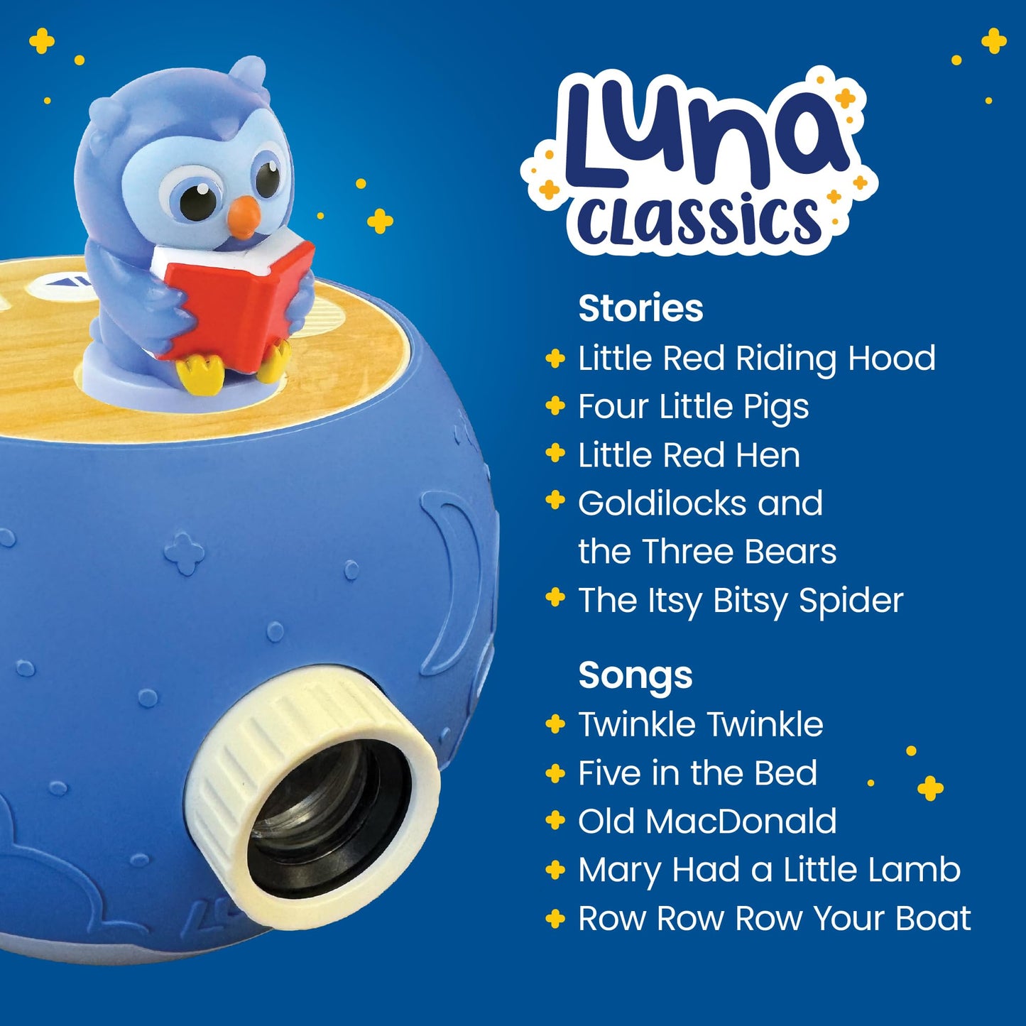 LUNA STORYTIME Kids Book Projector - 5 Read-Aloud Stories, 5 Songs, Night Light & Soothing Dream Music | Children Ages 3+ Storytime Projector for Kids & Toddlers | Educational Toys, Owl