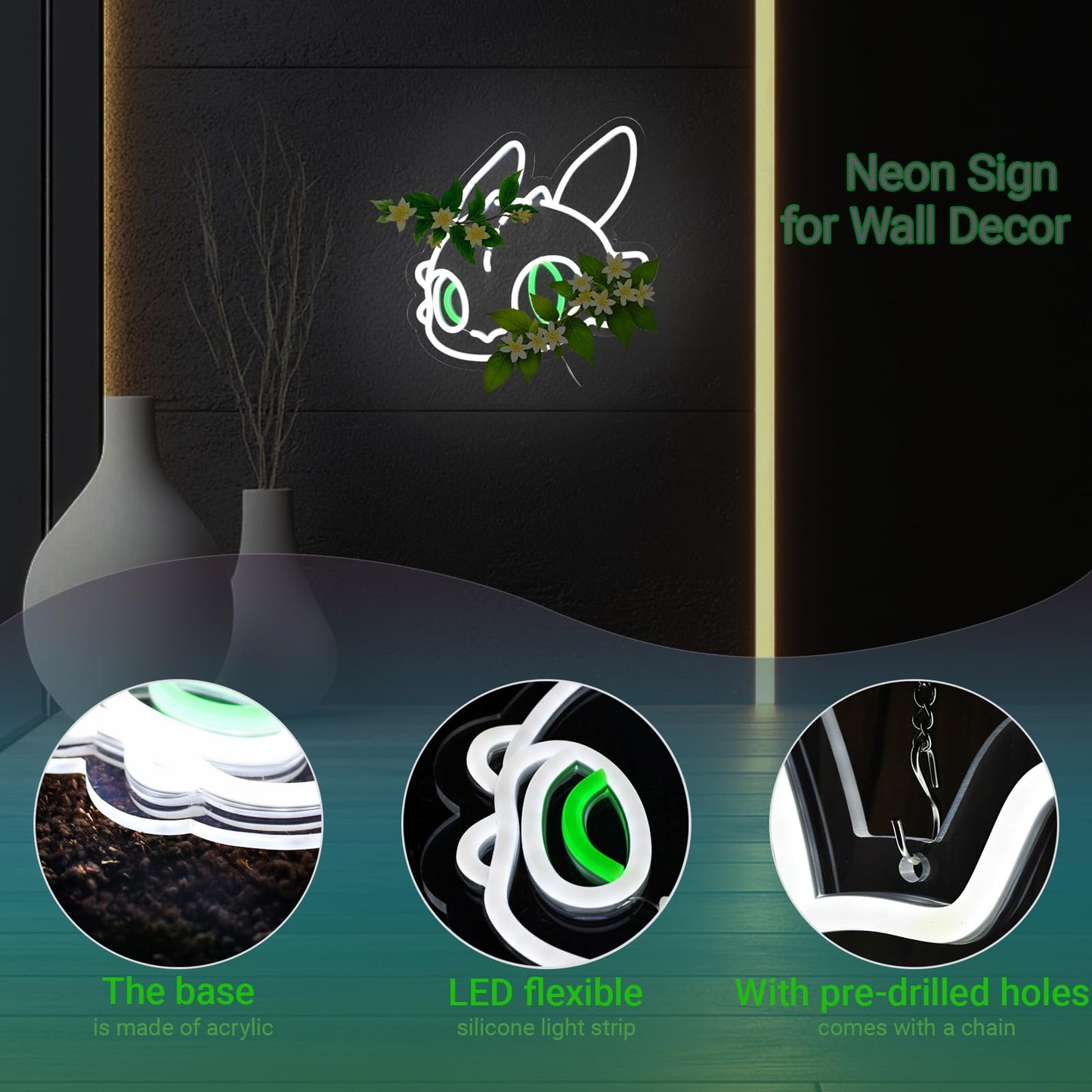 KAQRI Dragon Neon Sign, LED Light for Wall Decor, Fantasy Bedroom Decor for Kids & Gamers, 13" x 12.4", Dimmable USB Powered, White Green(plants not included)