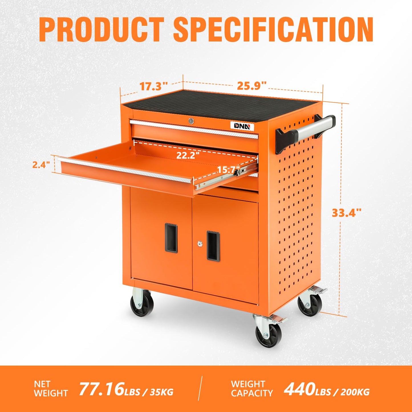 DNA Motoring 3-Drawer Rolling Tools Chest, Rolling Tool Storage Cabinet, Heavy Duty Mechanic Tool Cart, Trolley Organizer for Garage, Warehouse, Workshop, Orange, TOOLS-00405