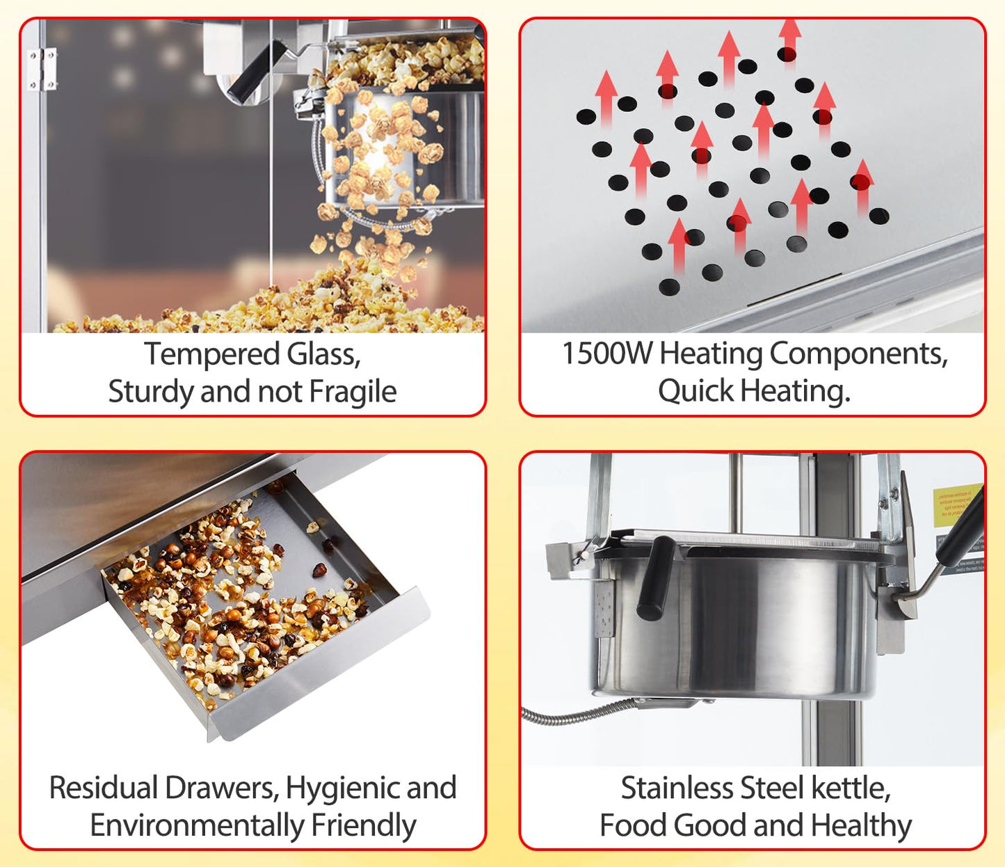 RIEDHOFF 8 OZ Popcorn Machine, [3 Mins Get 40 Cups] [Temperature Control] [Digital Display] Popcorn Maker Machine with 10 Pcs Popcorn Buckets, Old Fashion Movie Theater Style- Sliver