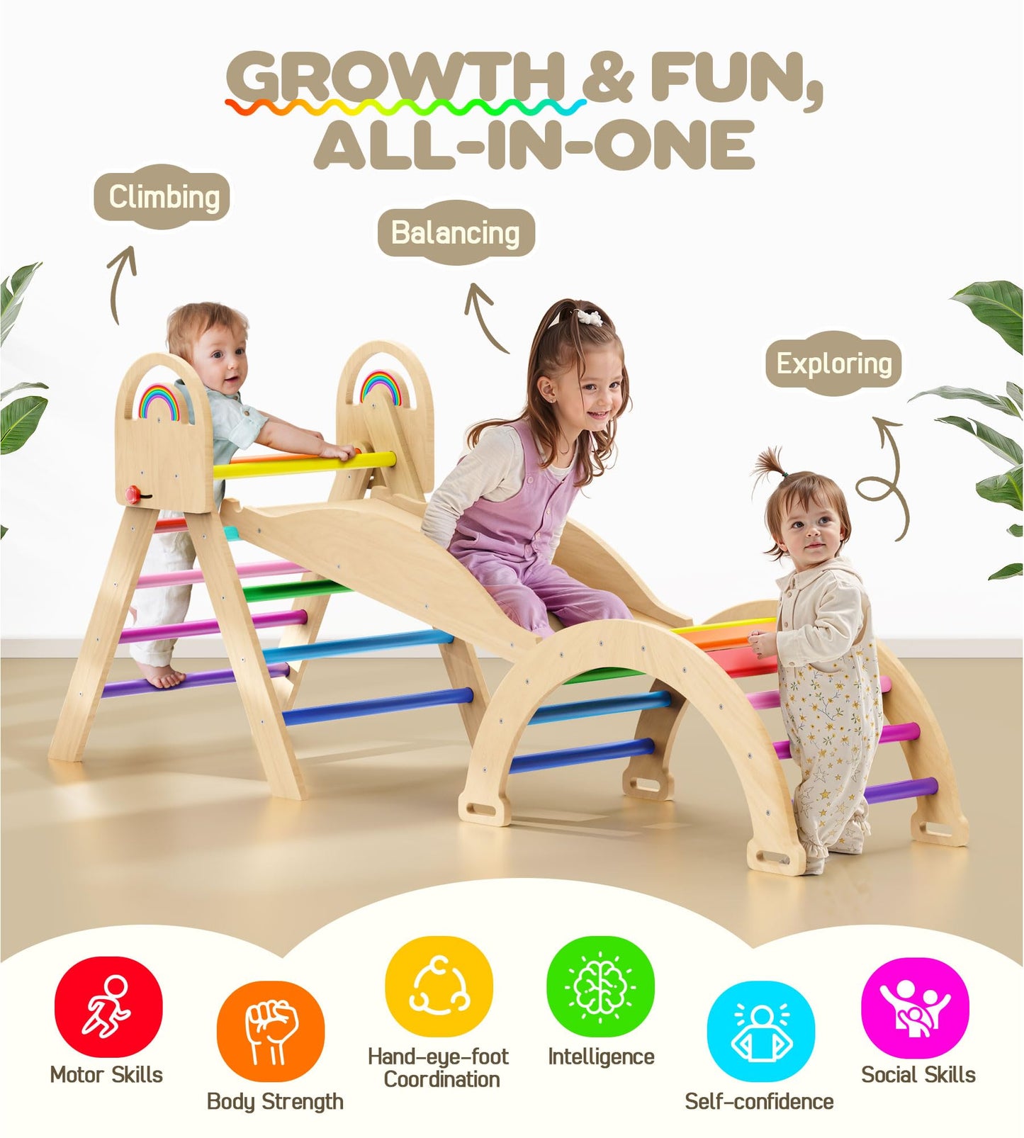 Philnas Pikler Triangle Set, 9-in-1 Montessori Climbing Toy for Toddlers, Foldable Wooden Indoor Jungle Gym & Playground Climber for Learning and Motor Skills (18 Months–7 Years)