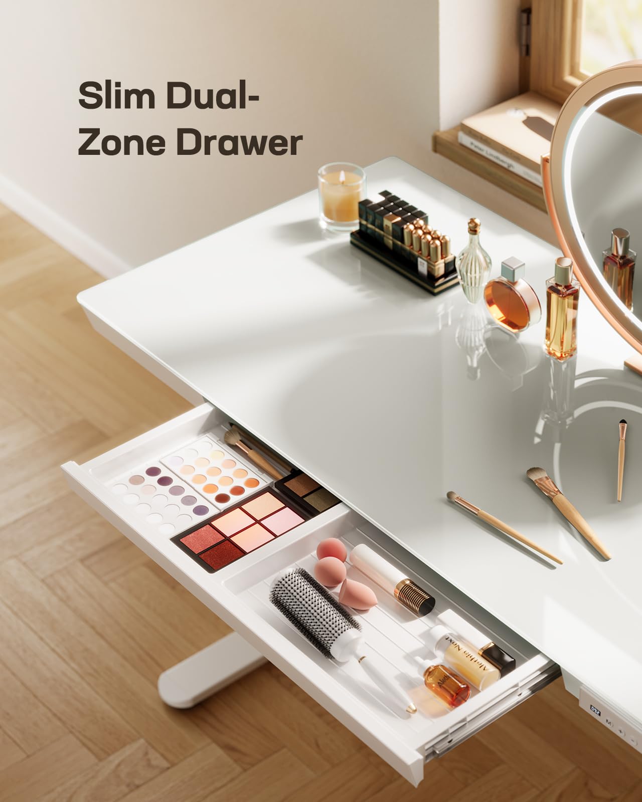 Marsail Glass Standing Desk with Drawers, 48 x 24 inch Electric Standing Desk, Height Adjustable Desk with One-Piece Tabletop & USB Charging Ports, Sit Stand Desk with Storage for Home & Office White