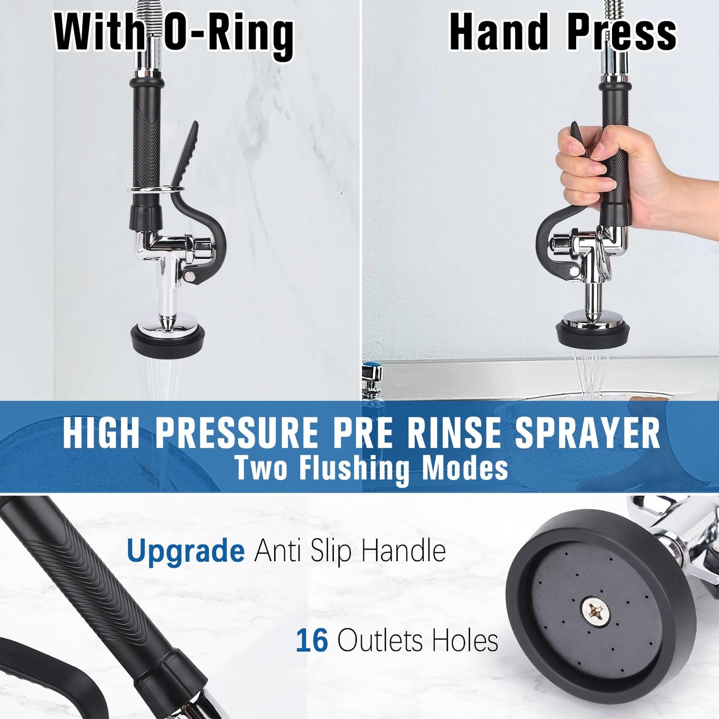 21" Height Commercial Sink Faucet Deck Mount with Pre-Rinse Sprayer, Commercial Kitchen Faucet with 8" Add-on Swing Spout Faucet & Spring Pull Down Sprayer, 8" Adjustable Center Kitchen Faucet