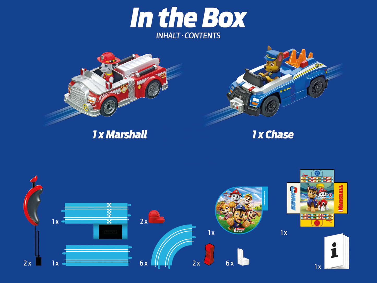 Carrera First PAW Patrol - On The Track Slot Car Race Track - Includes 2 Cars: Chase and Marshall - Battery-Powered Beginner Racing Set for Kids Ages 3 Years and Up