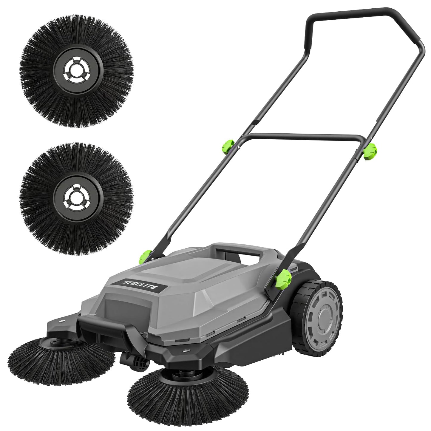 STEELITE Walk-Behind Hand Push Floor Sweeper, 26.8" Sweeping Width Floor Sweeper Manual Non-Electric, 6.35 Gal Waste Container, Angle & Height Adjustable Folding Handle for Walkway, Yard and Patio