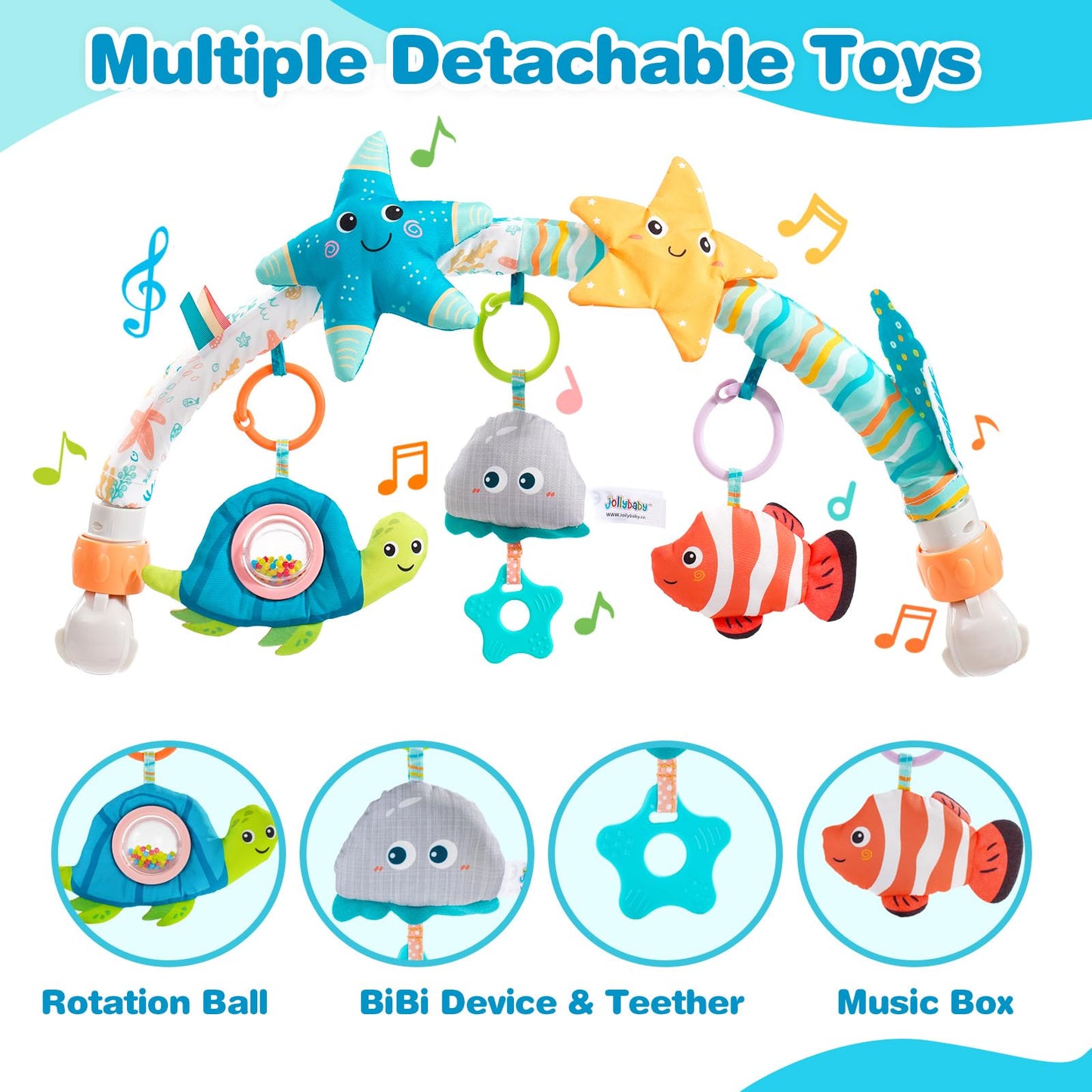 Jollybaby Musical Bassinet Stroller Crib Mobile Toy for Baby 0-6-12 Months, Infant Clip On Arch Hanging Toy with Music Box for Bjorn Bouncer, Portable Mobile Attachment Toy for Newborn Gift - Starfish