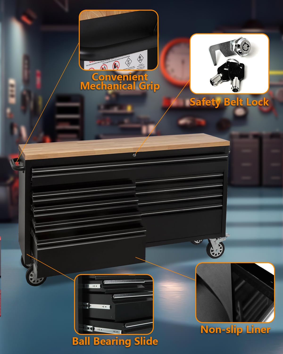 61-Inch Heavy-Duty Rolling Tool Chest & Mobile Workbench with 9 Drawers, Rubber Wood Tabletop, Key Locking System and Drawer Liners, Steel Storage Cabinet for Garage, Workshop, Warehouse Repair
