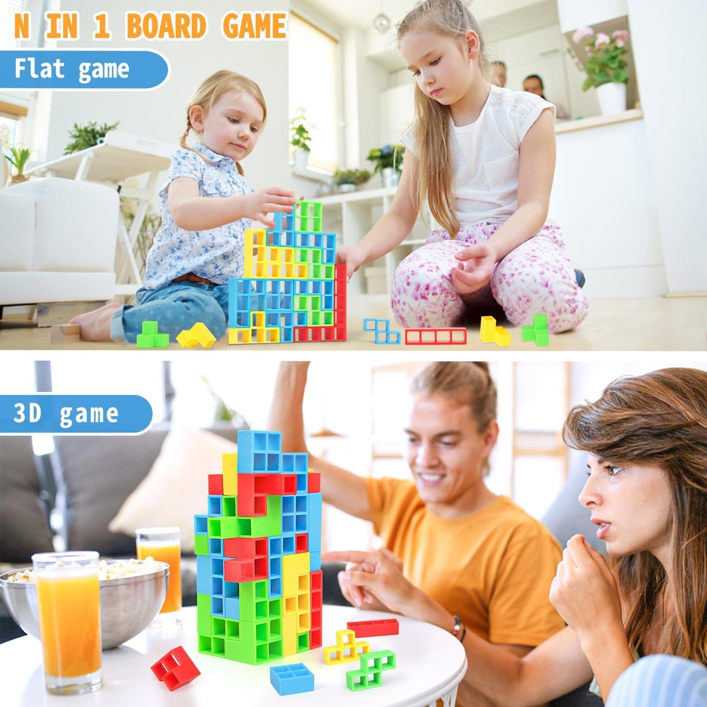BBnote 48PCS Stack Game for Adult & Kids, Tetra Board Tower Games for Family Travel Party, 2 Players Balance Stacking Toy Attack, Team Toys Building Block