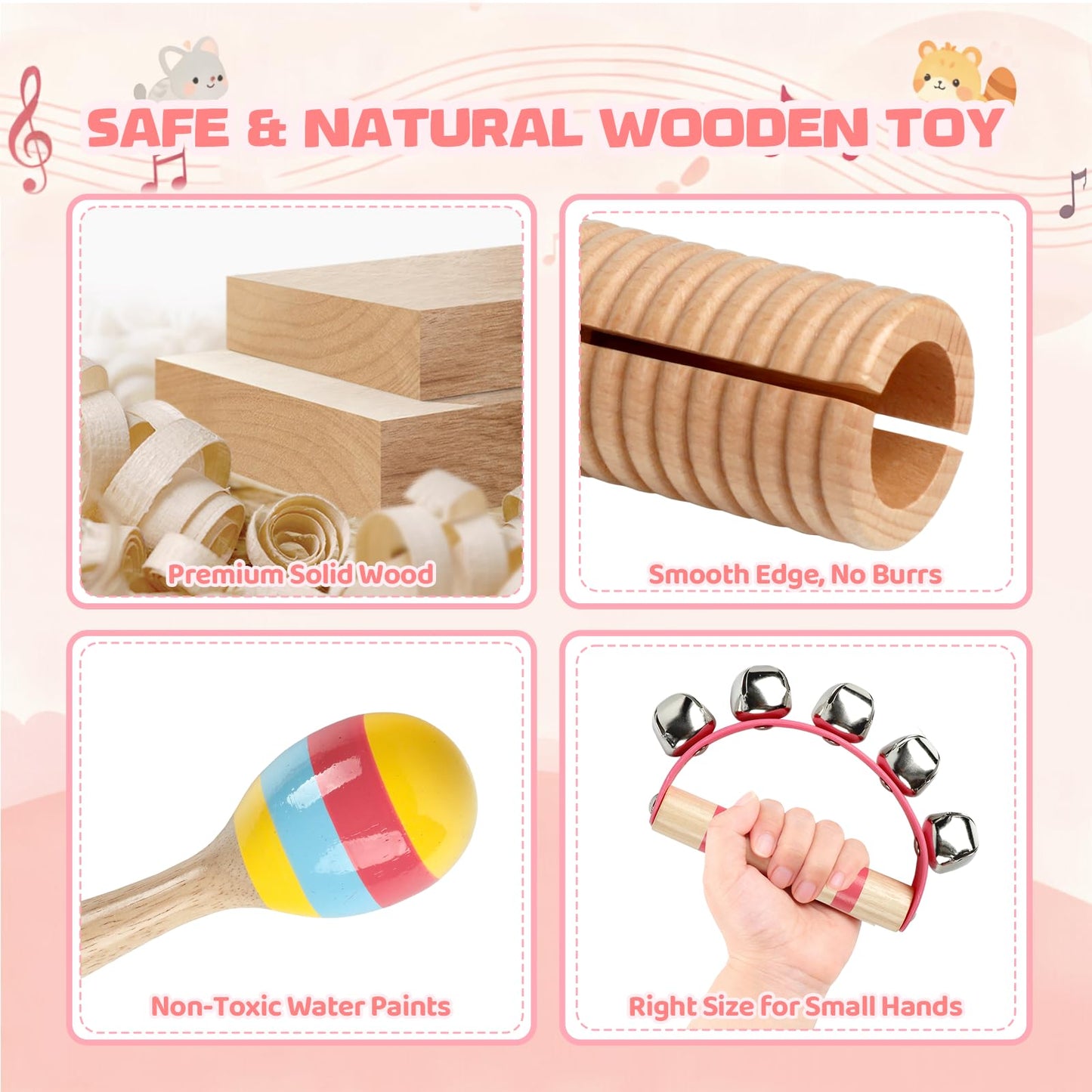 Baby Musical Instruments - Montessori Musical Toys for Toddlers 1-3, Wooden Percussion Instruments Set, Kids Preschool Educational Music Learning Toys, Birthday Gifts for Boys Girls (Pink)