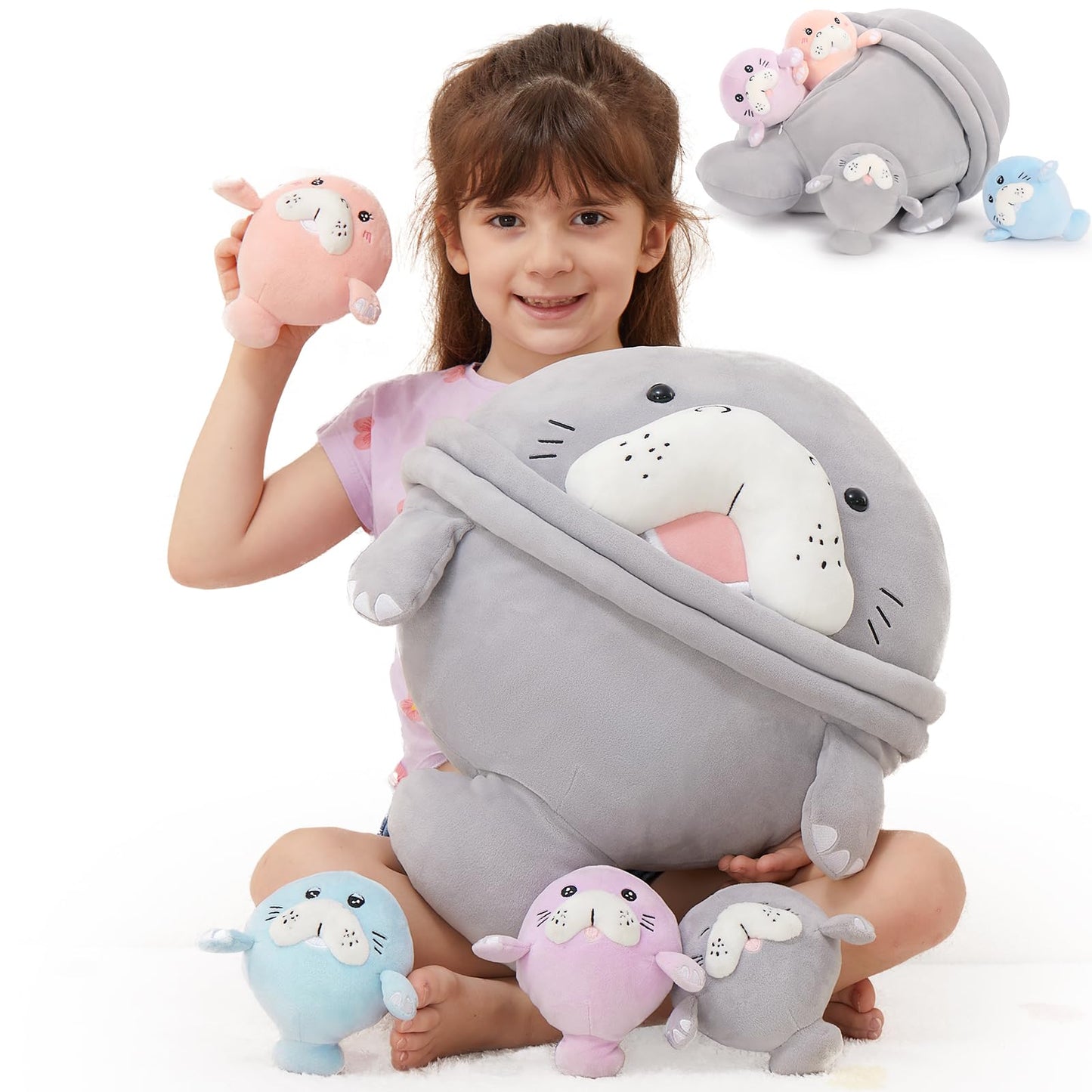 MorisMos Manatee Stuffed Animal Plush with Babies – Large Sea Cow Toys,Soft Stuffed Manatee Hugging Pillow for Kids Adults,Marine Animal Gift & Ocean Plush for Home Decor,CPC Certified