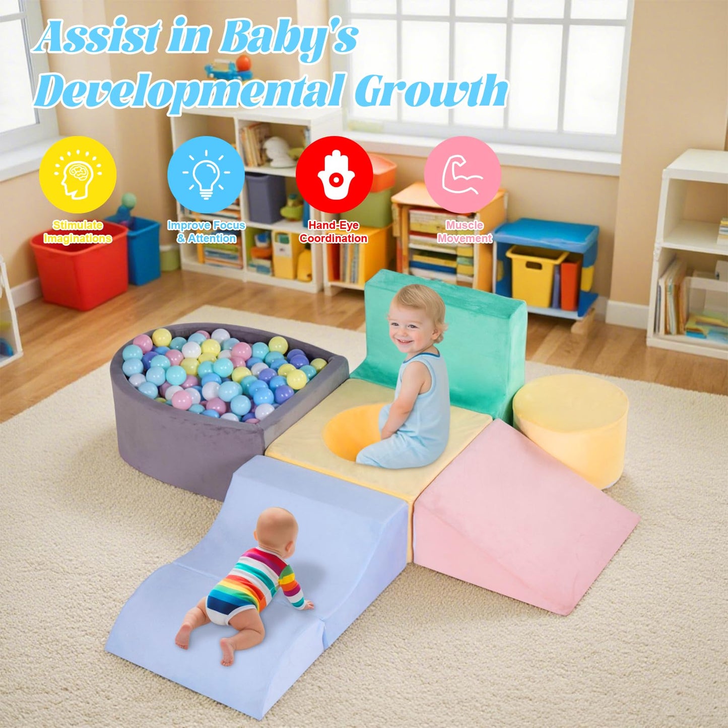 HHH HIKECUCAN Climbing Toys for Toddlers 1-3, Foam Climb Blocks for Baby，6-Piece Baby Climbing Crawling Toys Soft Foam Blocks Activity Play Set (Balls not Included)
