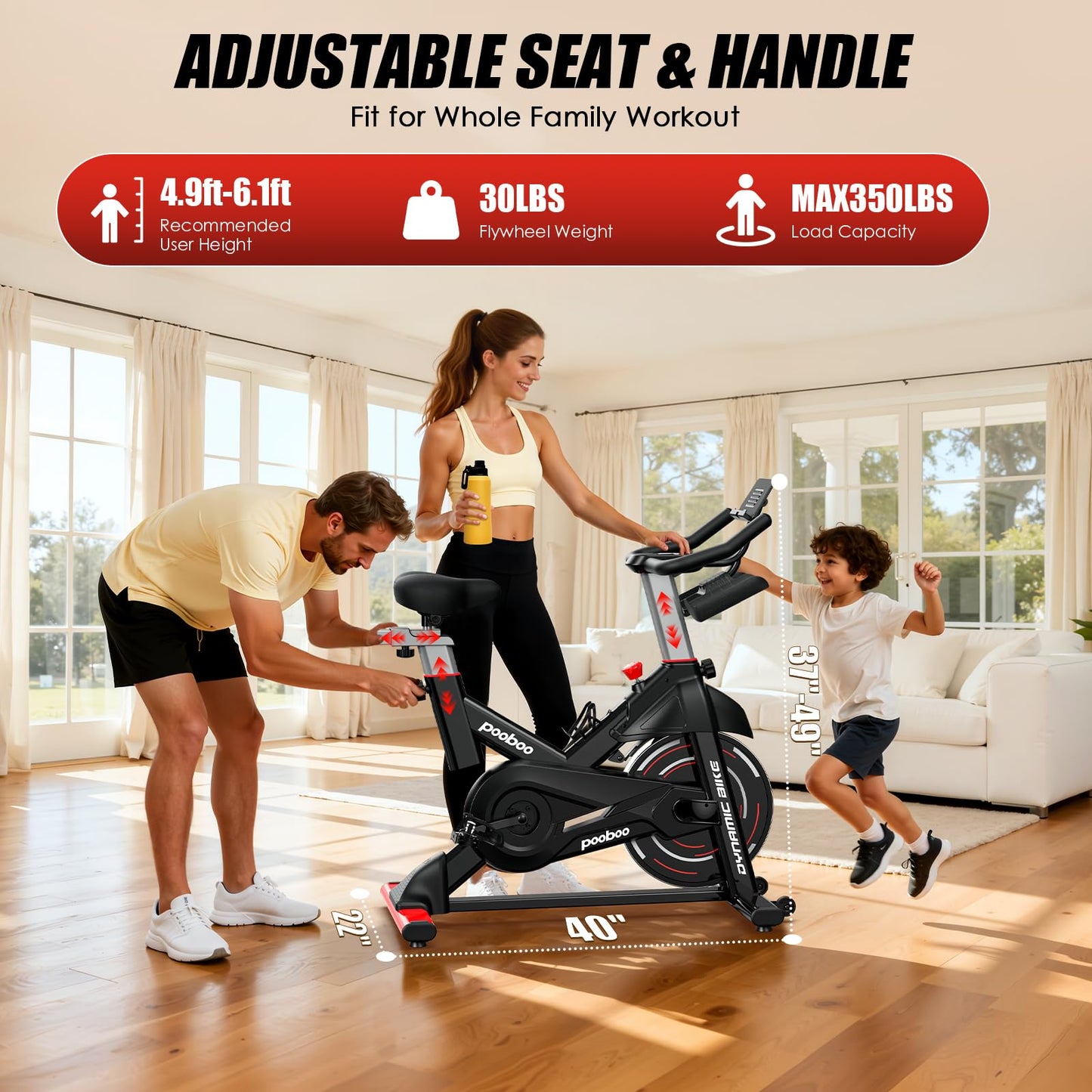 pooboo Exercise Bike, Adjustable Magnetic Resistance Stationary Bikes for Home with App Compatible, Quiet Indoor stationary bikes with 350lbs Weight Capacity Comfortable Seat,Tablet Mount and Fitness Courses for Weight Loss