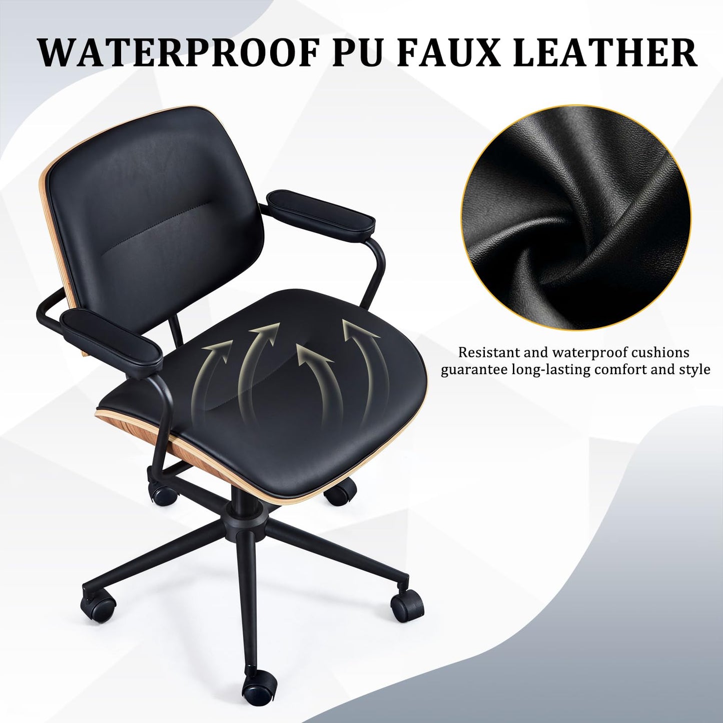 BV Mid Century Modern Office Chair Set of 1, Swivel Rolling Deak Chair with Armrests and Walnut Back, Adjustable Desk Chair for Home Office, Black
