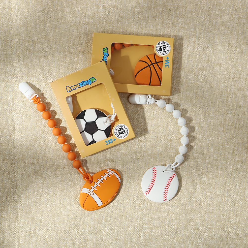 Baby Food Grade Silicone Sport Ball Teether Toy with Pacifier Clip Holder,Teething Toys Gift Set for 3 Months+ Boys and Girls,Freezer Safe,BPA Free. (Soccer)