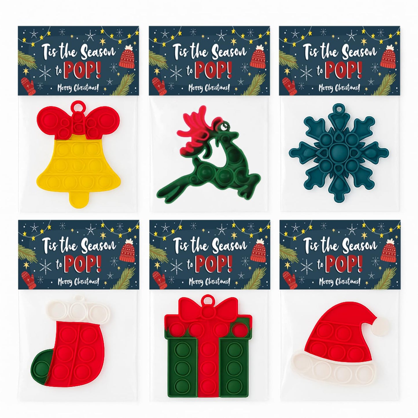 Christmas Pop Its Gift Pack for Students, Bulk Holiday Toys, Goody Bag Stuffers, Office Party Favors