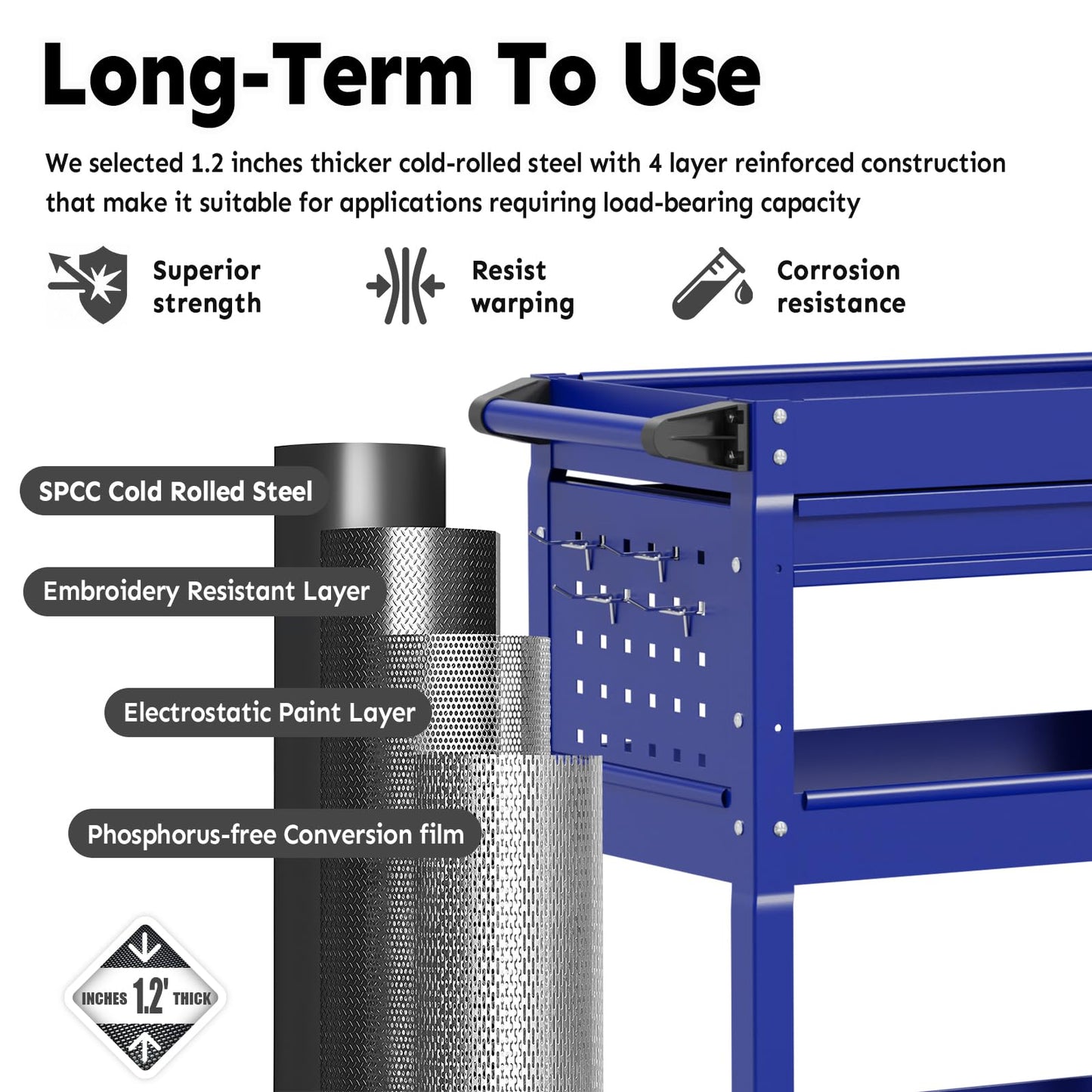 3-Tier Rolling Utility Cart, Metal Heavy Duty Utility Cart on Wheels with Lockable, 330 lb. Load Large Storage Capability Tool Cart for Garage, Warehouse, Repair Shop（Blue）