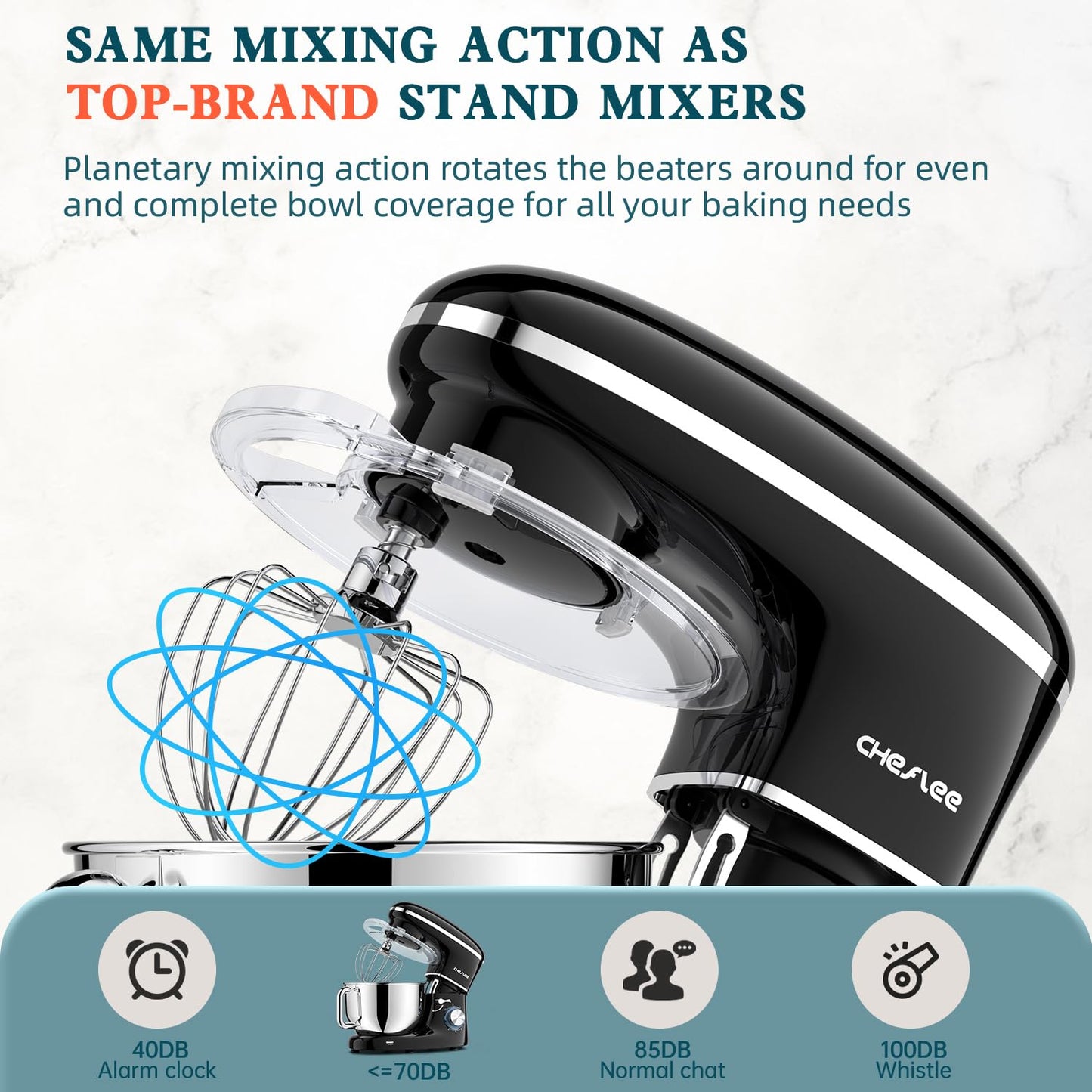 CHeflee Stand Mixer,660W 6+P With 6.5QT Stainless Steel Bowl,Dough Hook, Wire Whip & Beater,for Most Home Cooks,Black