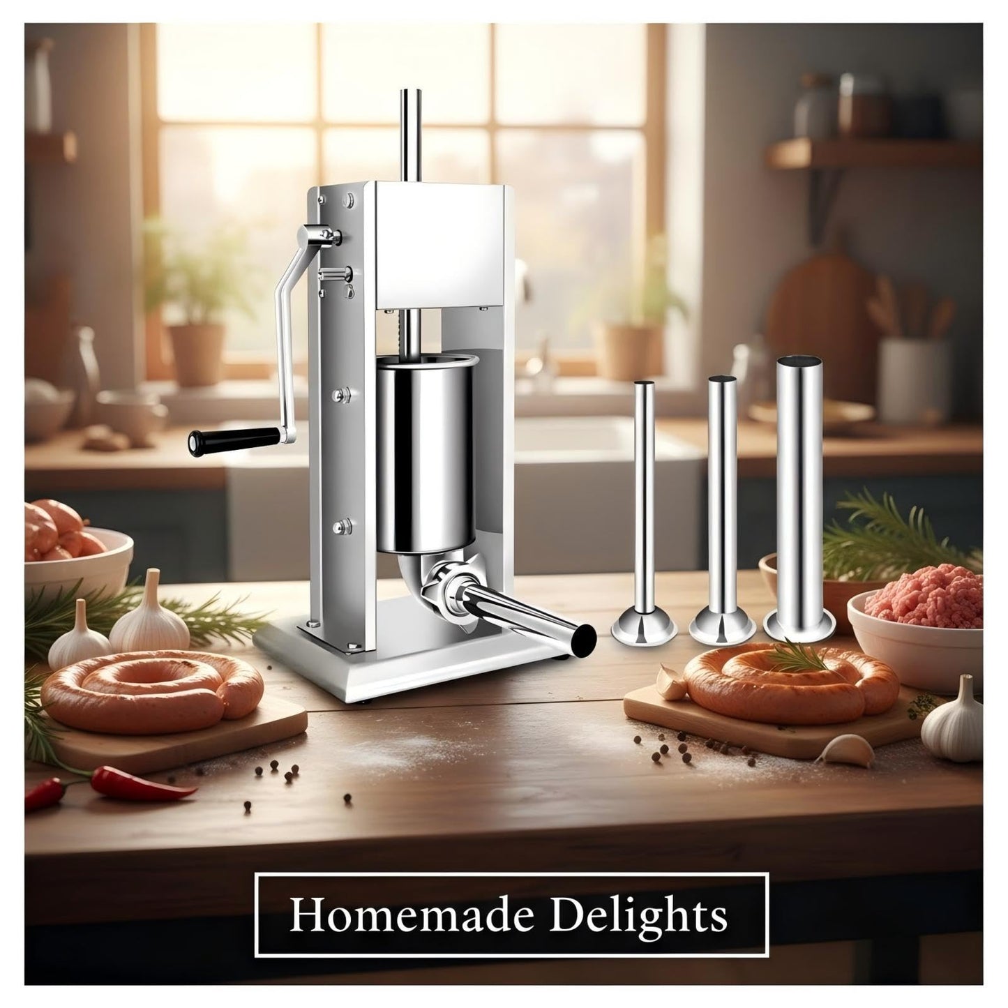 YBSVO 7-Lb Vertical Sausage Stuffer, Stainless Steel Manual Meat Filler with 2-Speed Gear & Air Release Valve, 3L Sausage Maker with 4 Stuffing Tubes for Home & Commercial Use