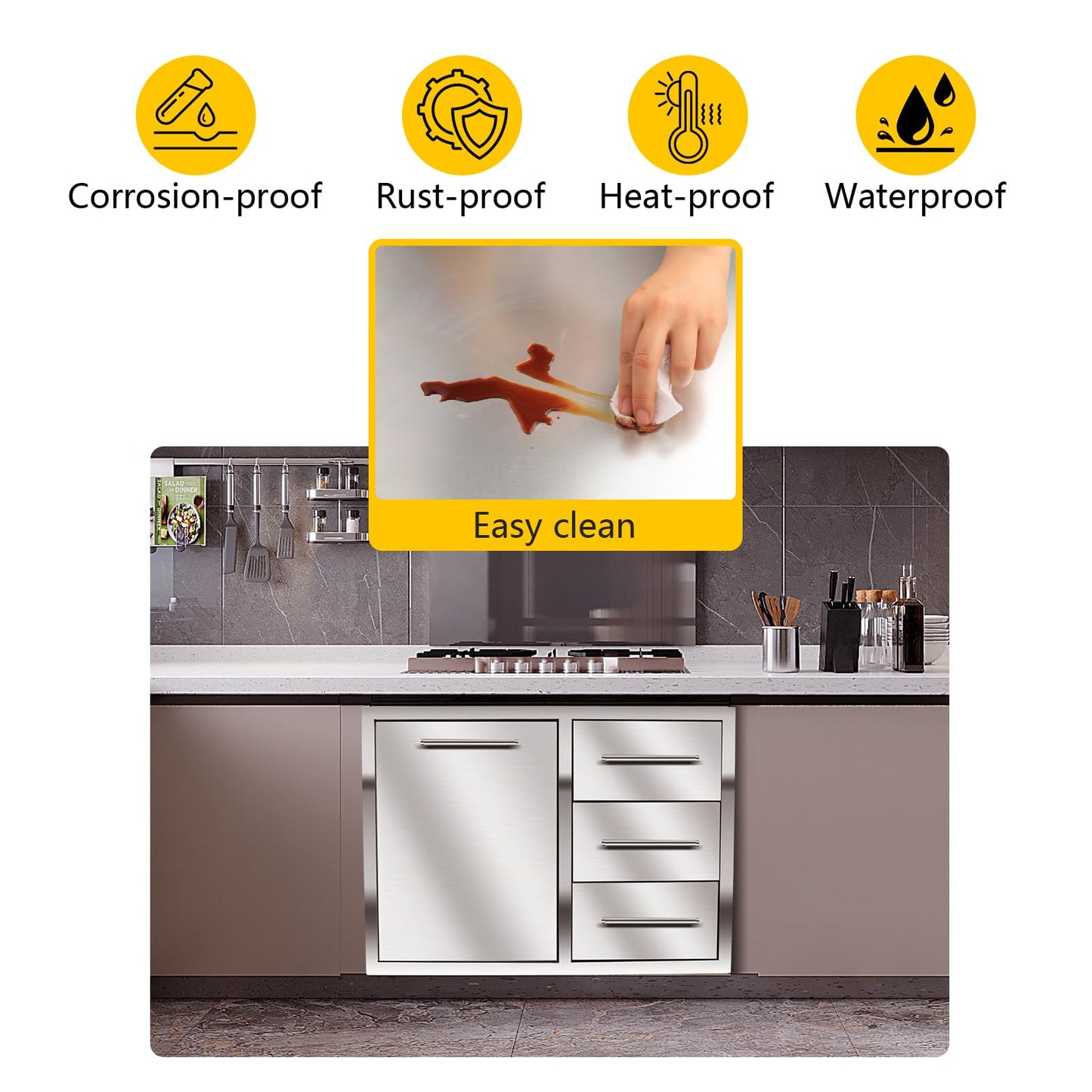 Outdoor Kitchen Drawer Combo, BBQ Access Trash Drawer Combo with Triple Stainless Steel Drawers(Right), Outdoor Kitchen for BBQ Island, Grilling Station, Outside Cabinet (28" W x 19.6“D x 20.1" H)